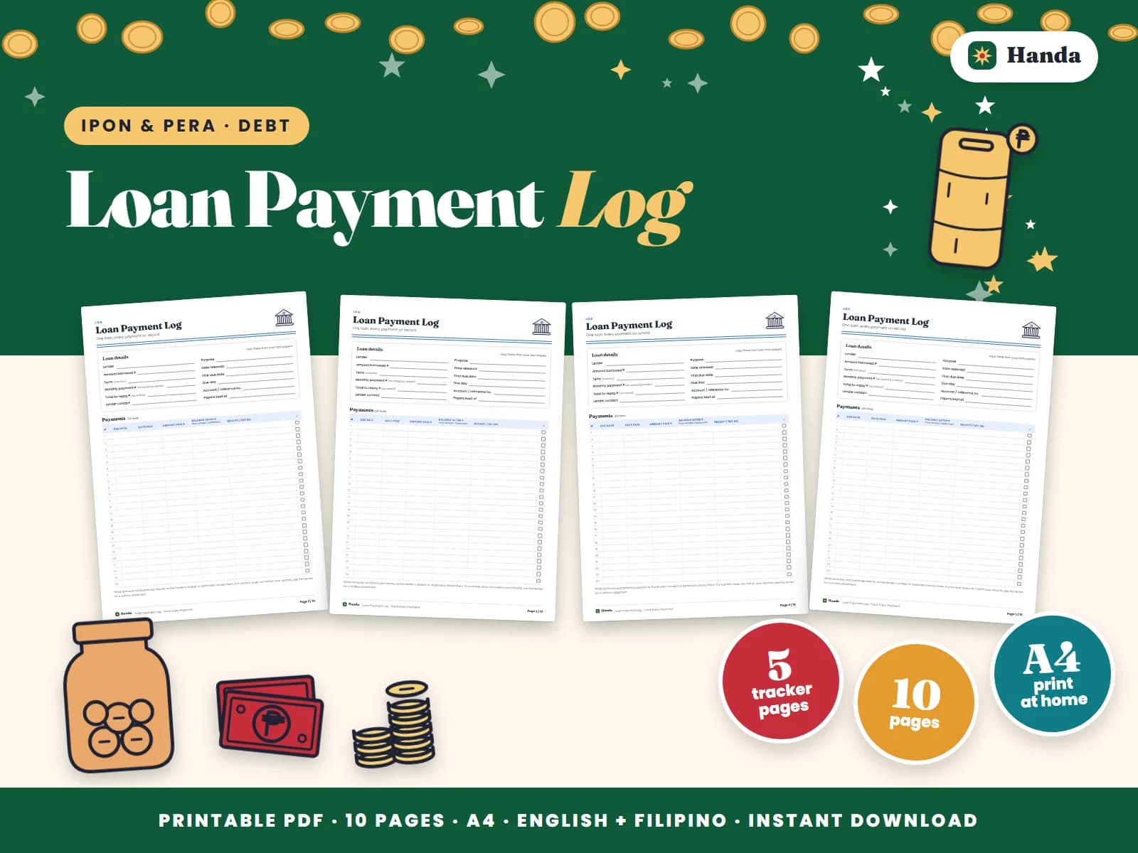 Cover of Loan Payment Log, a printable money tracker showing four of its pages