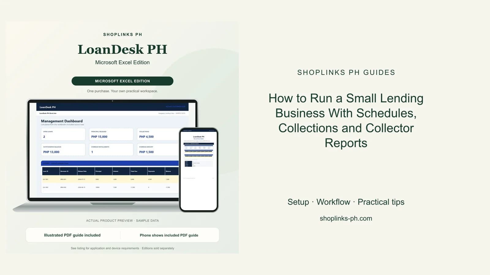 LoanDesk PH Microsoft Excel Edition dashboard using fictional sample data
