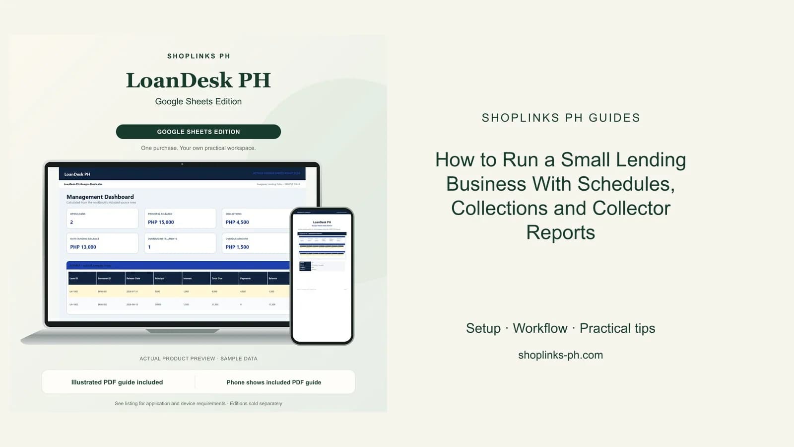 LoanDesk PH Google Sheets Edition dashboard using fictional sample data