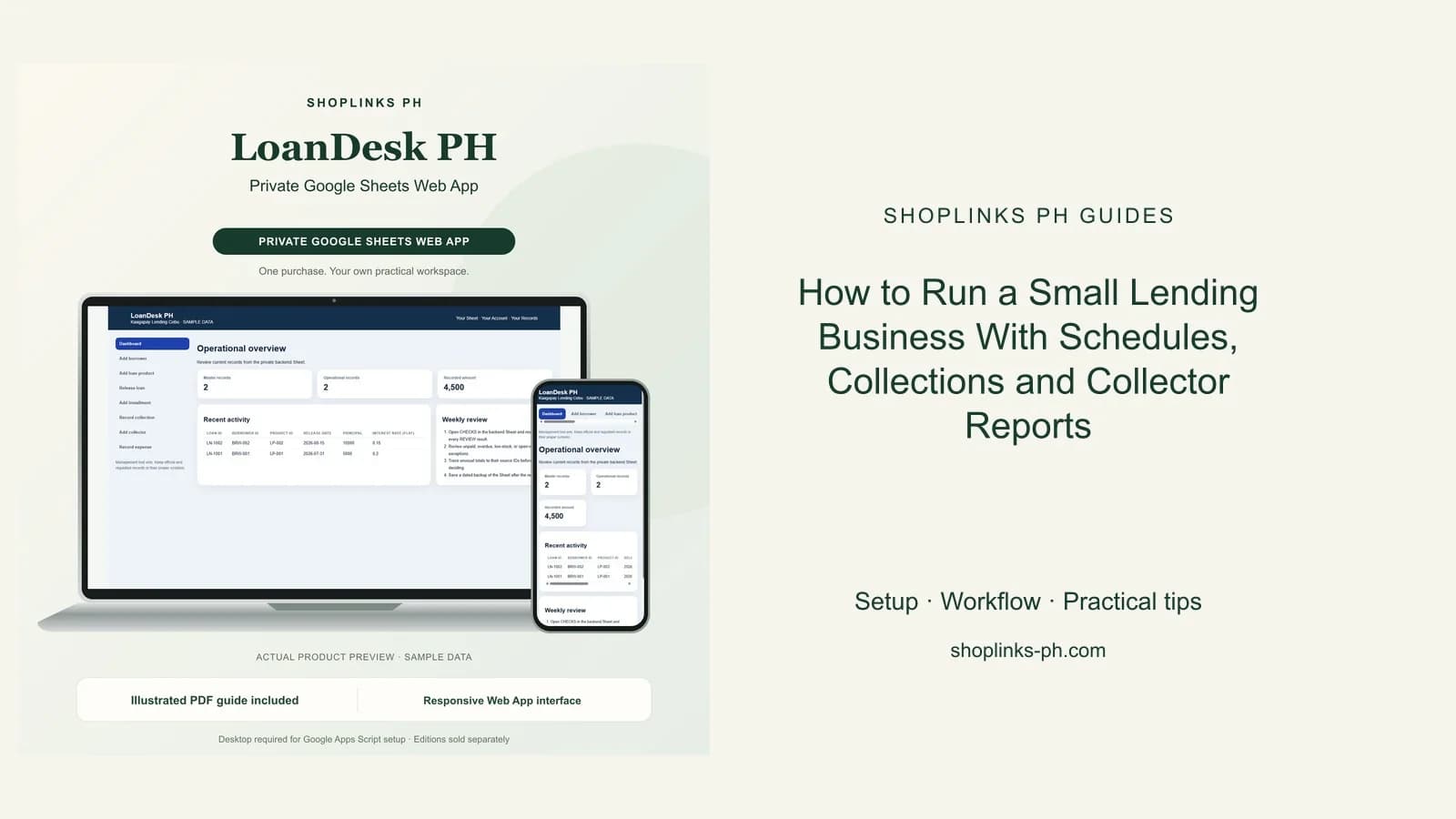 LoanDesk PH Private Google Sheets Web App dashboard using fictional sample data