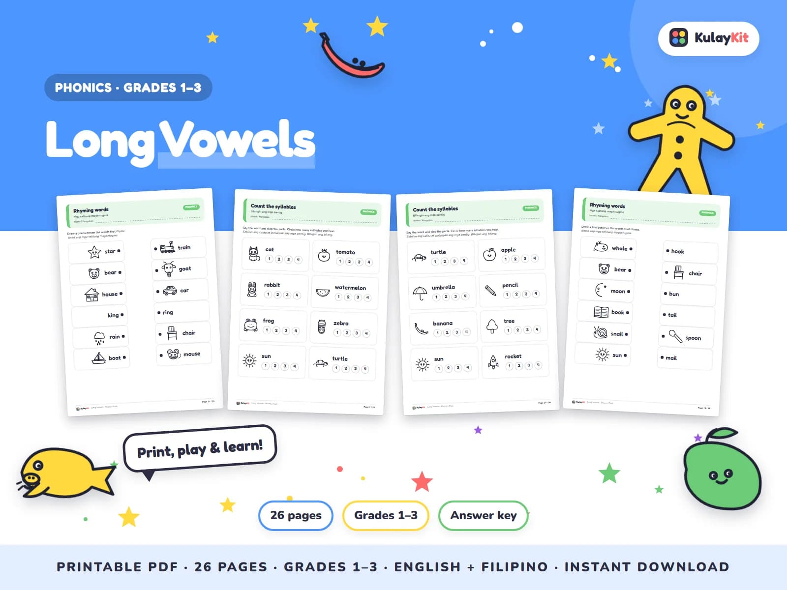 Cover of Long Vowels, a printable pack for kids in Grades 1 to 3, showing four of its pages