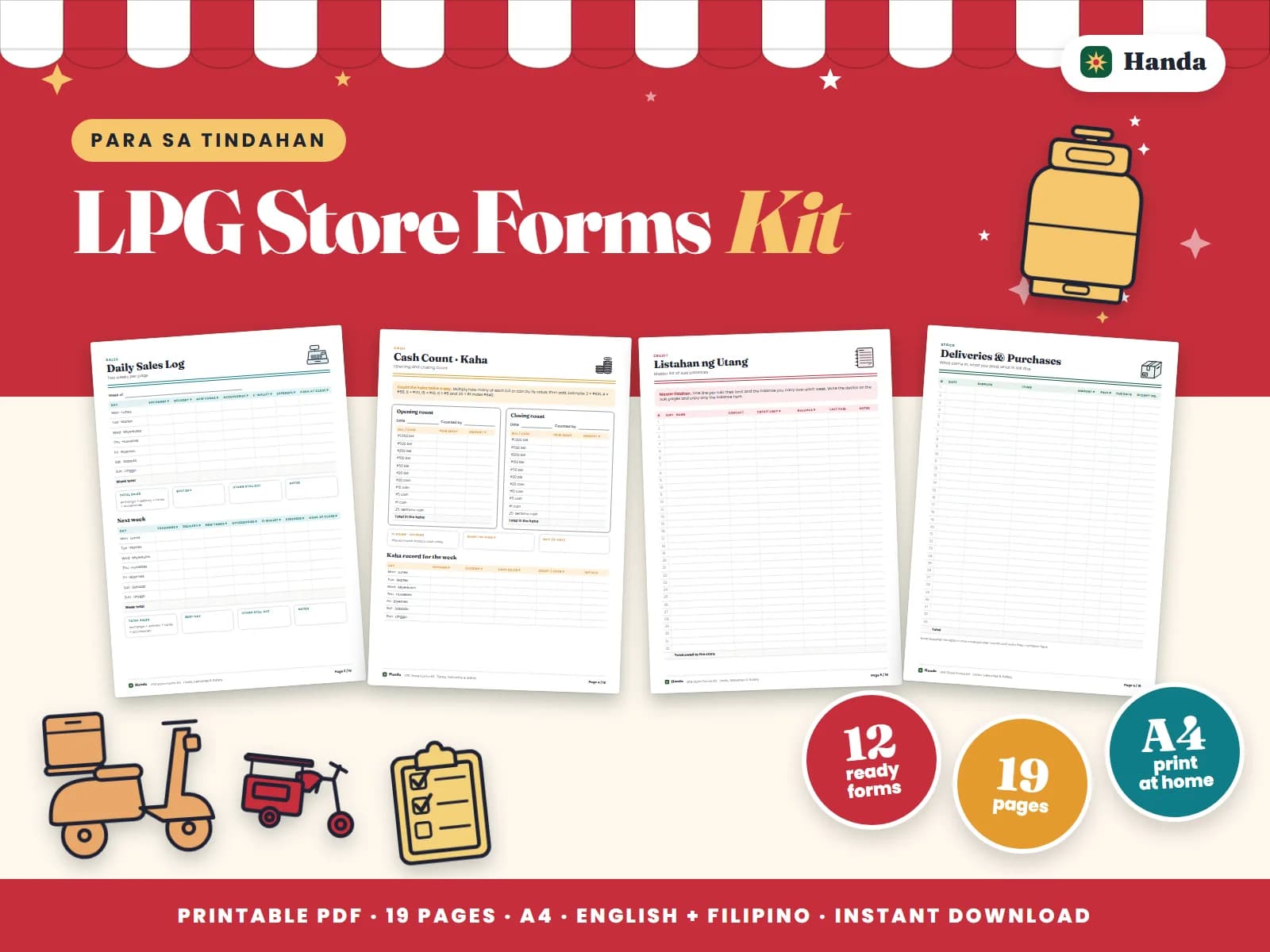 Cover of LPG Store Forms Kit, a printable store forms kit showing four of its pages
