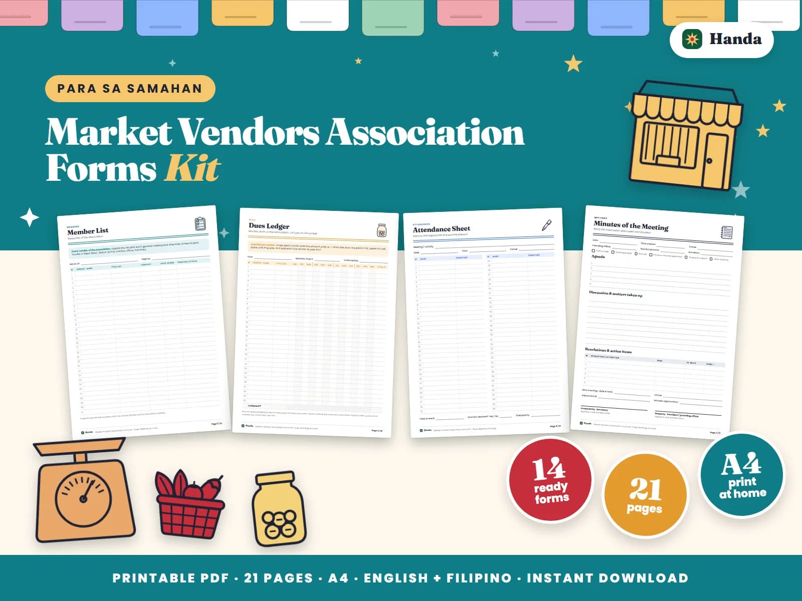Cover of Market Vendors Association Forms Kit, a printable association forms kit showing four of its pages