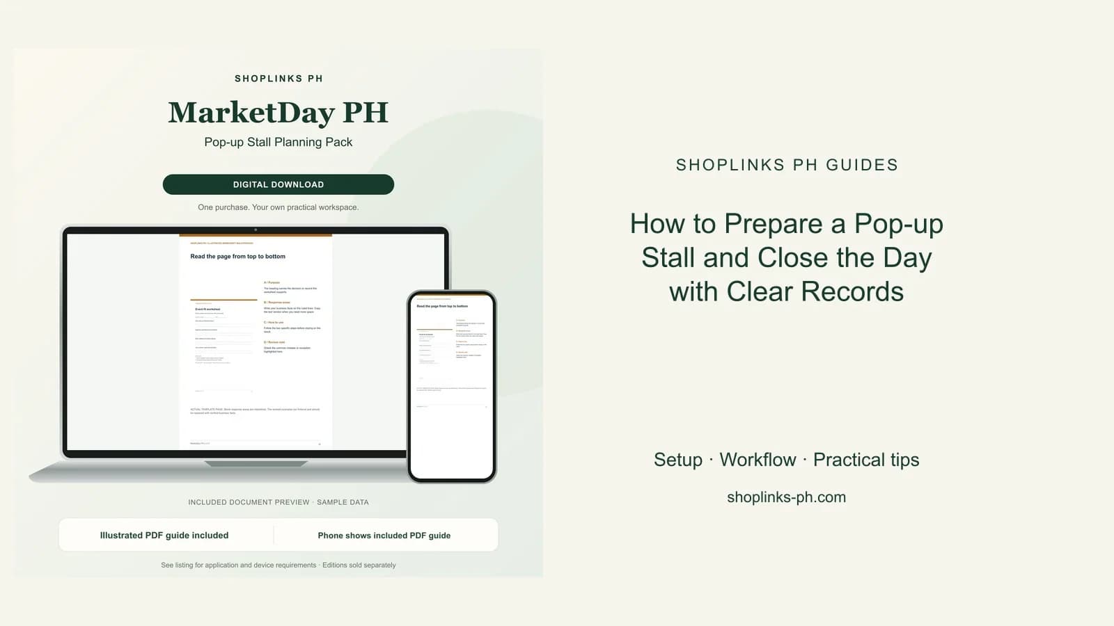 How to Prepare a Pop-up Stall and Close the Day with Clear Records: matching product and illustrated guide previews on laptop and phone.