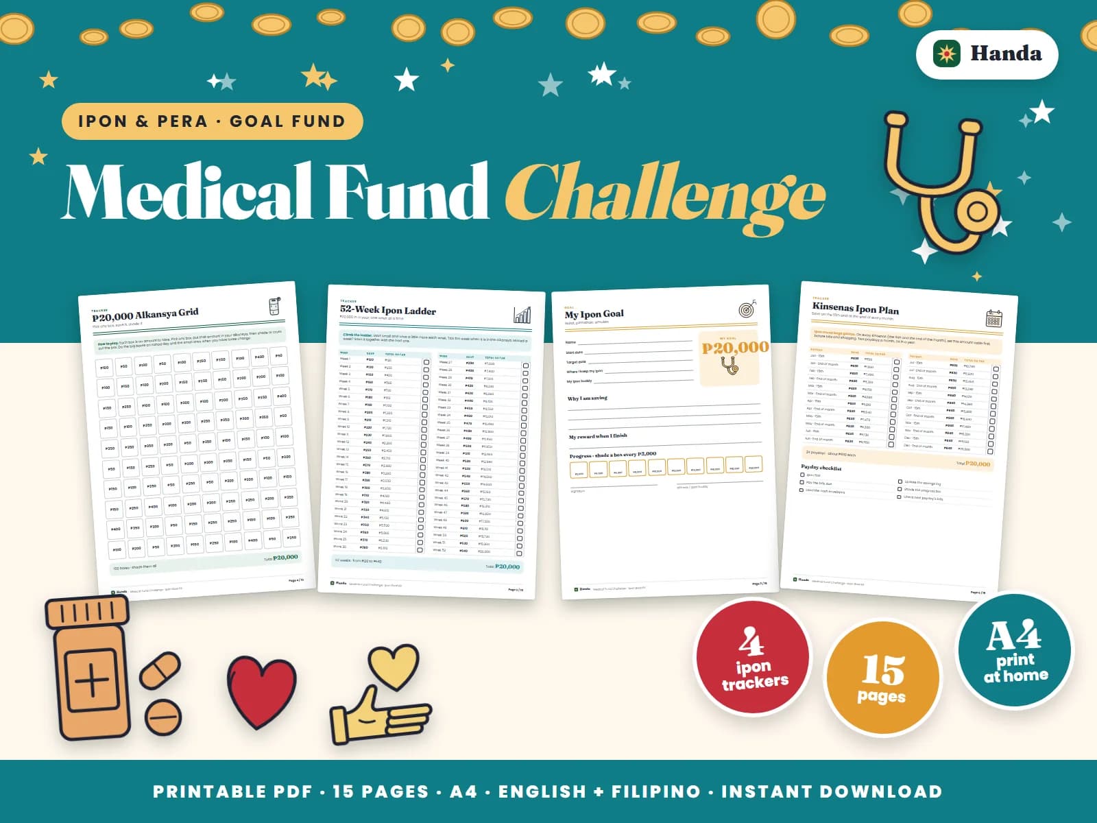 Cover of Medical Fund Challenge, a printable ipon challenge kit showing four of its pages