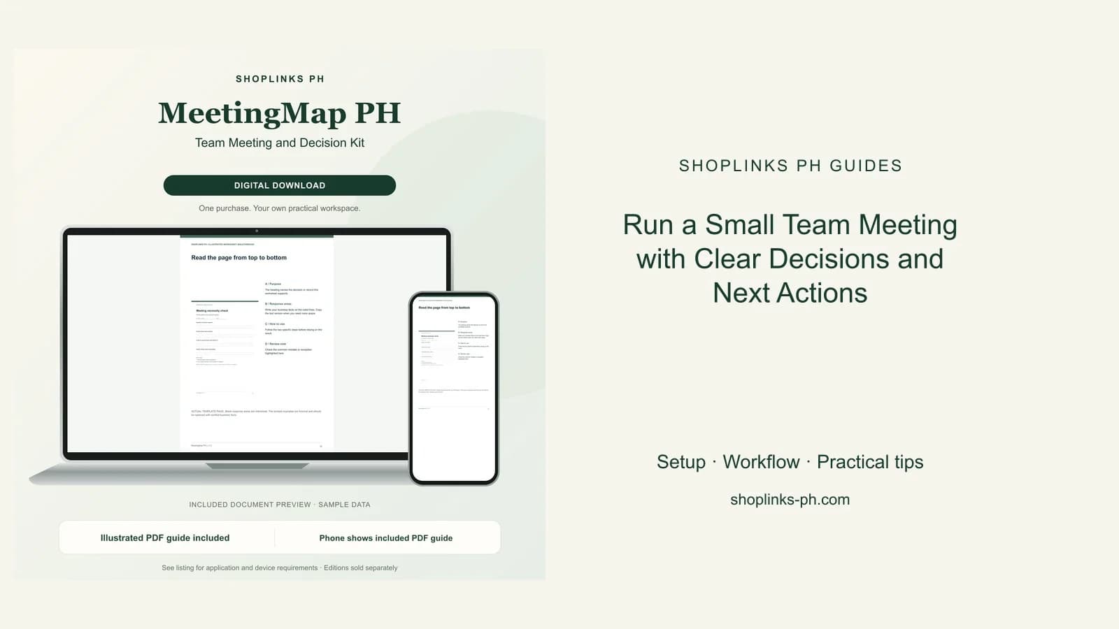 Run a Small Team Meeting with Clear Decisions and Next Actions: matching product and illustrated guide previews on laptop and phone.