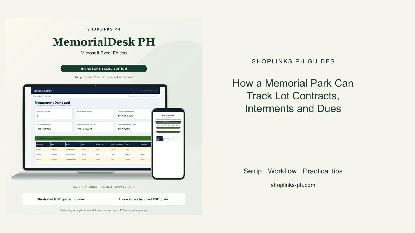 MemorialDesk PH Microsoft Excel Edition dashboard using fictional sample data