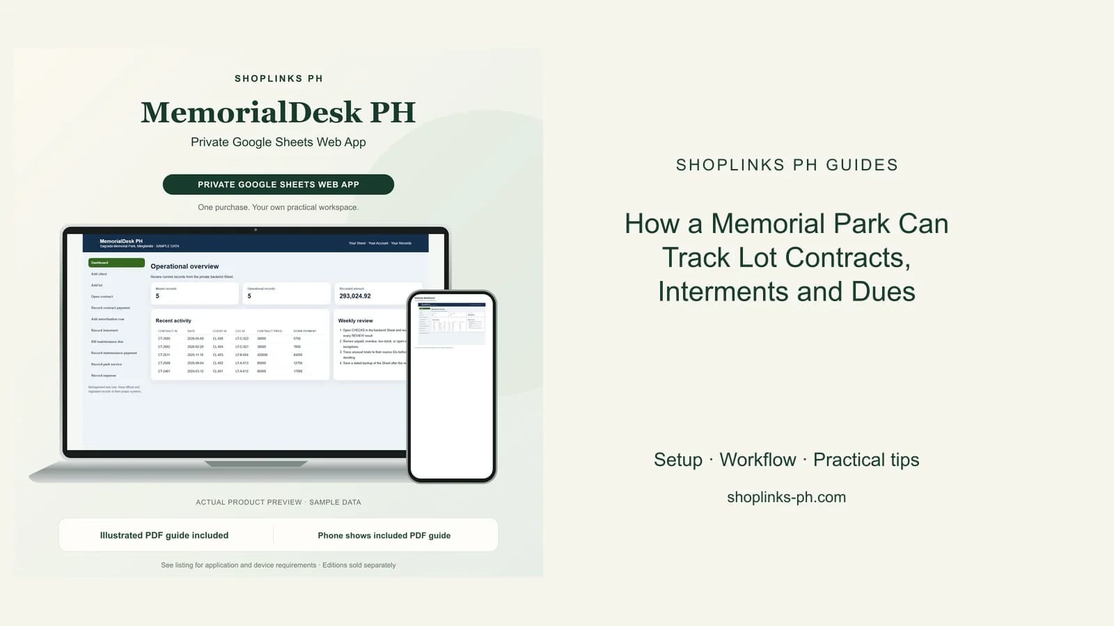 MemorialDesk PH Private Google Sheets Web App dashboard using fictional sample data