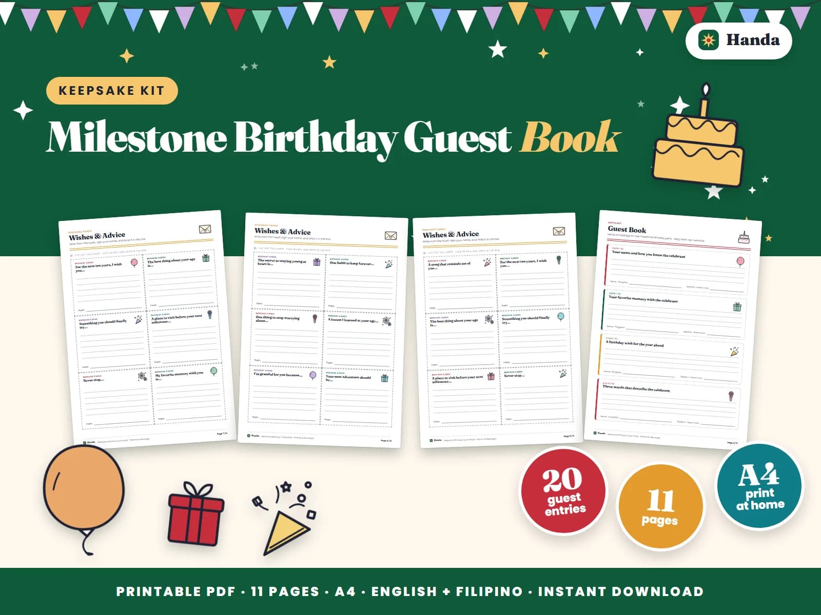 Cover of Milestone Birthday Guest Book, a printable guest book and keepsake set showing four of its pages
