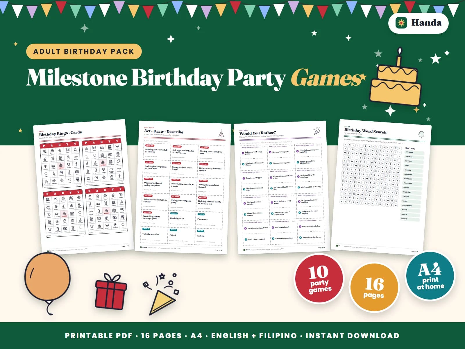 Cover of Milestone Birthday Party Games, a printable party games pack showing four of its pages