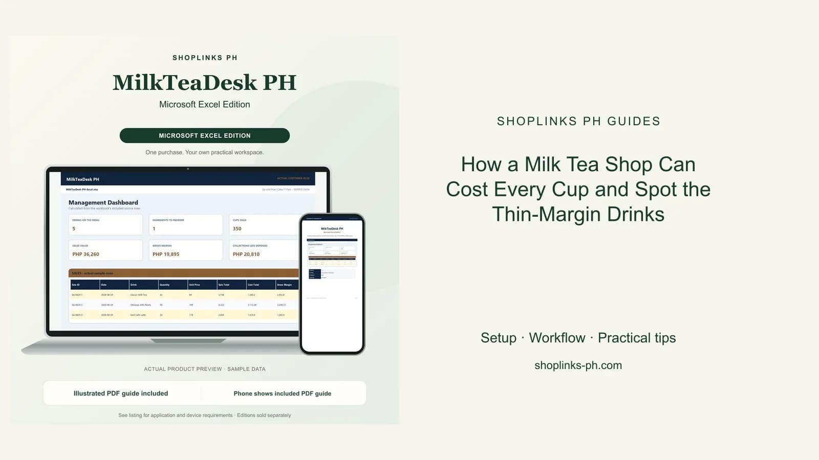 MilkTeaDesk PH Microsoft Excel Edition dashboard using fictional sample data