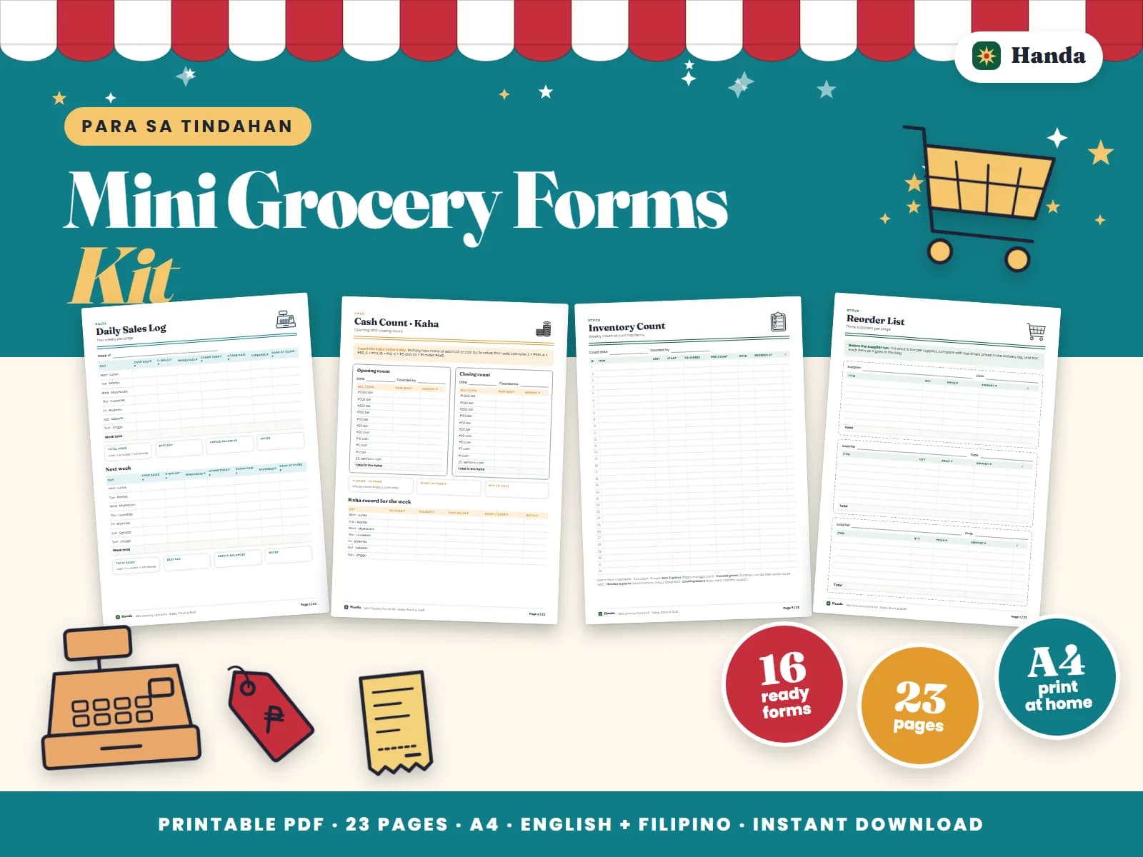 Cover of Mini Grocery Forms Kit, a printable store forms kit showing four of its pages