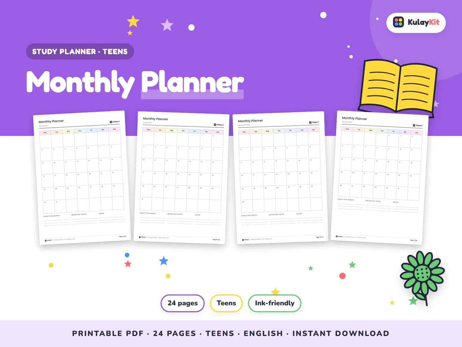 Cover of Monthly Planner, a printable pack for teens ages 12 to 17, showing four of its pages