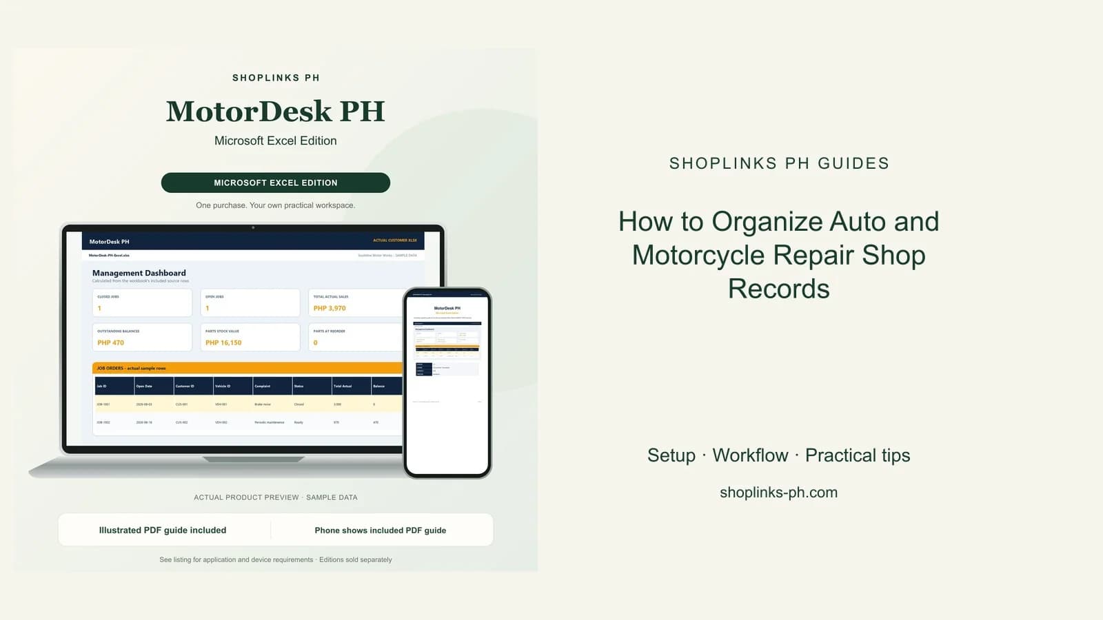 How to Organize Auto and Motorcycle Repair Shop Records: matching product and illustrated guide previews on laptop and phone.