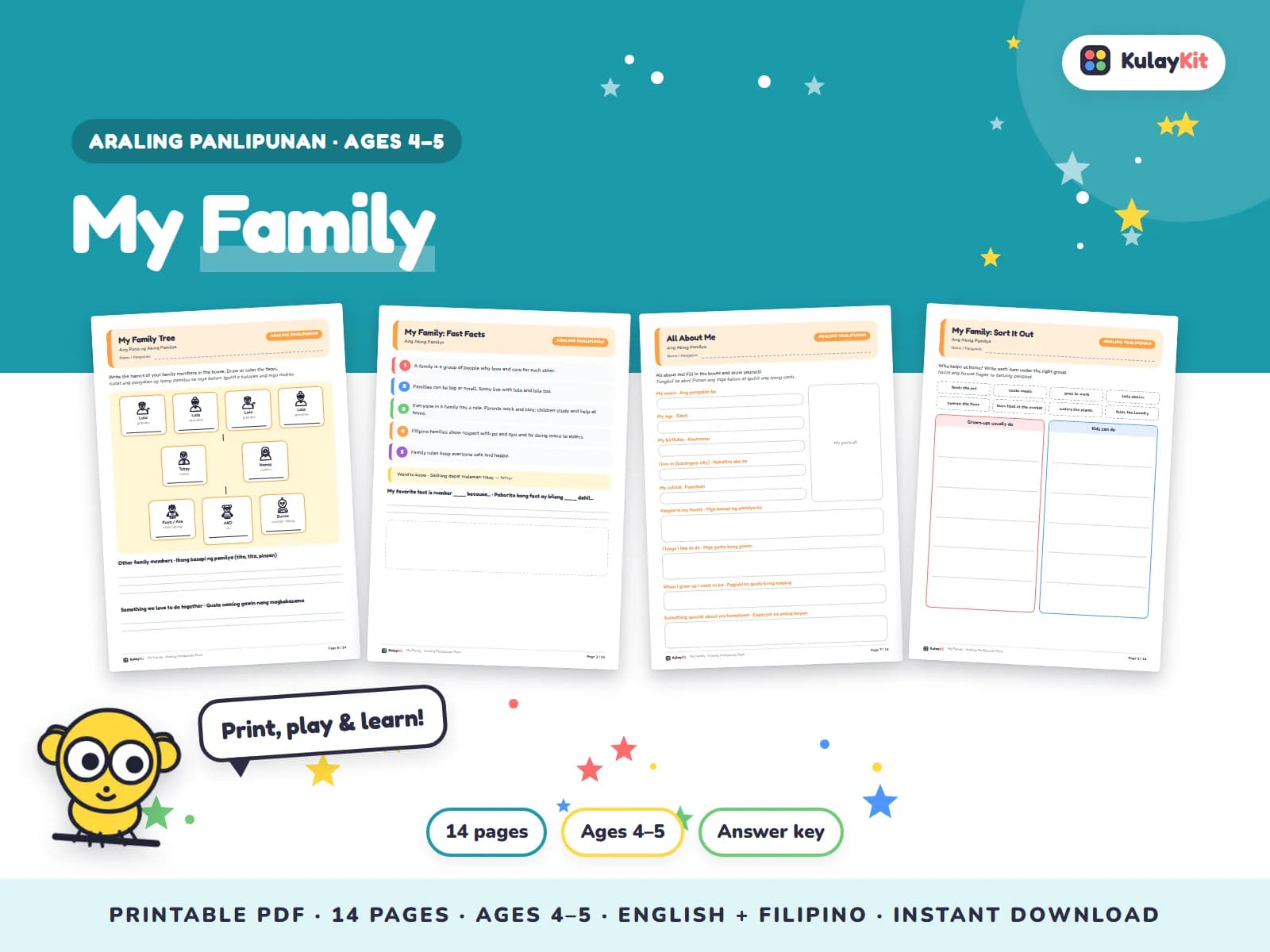 Cover of My Family, a printable pack for preschoolers ages 4 to 5, showing four of its pages