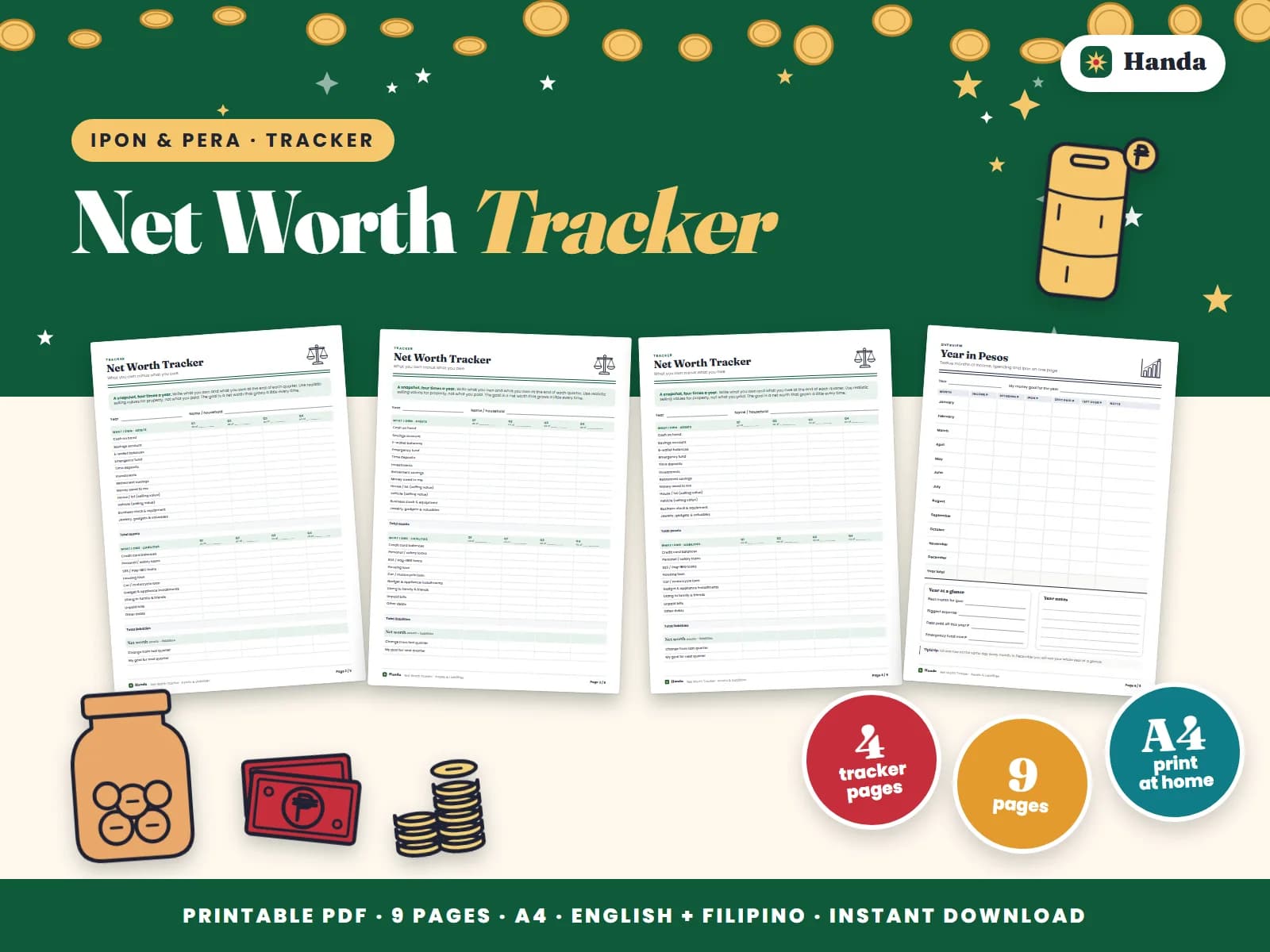 Cover of Net Worth Tracker, a printable money tracker showing four of its pages