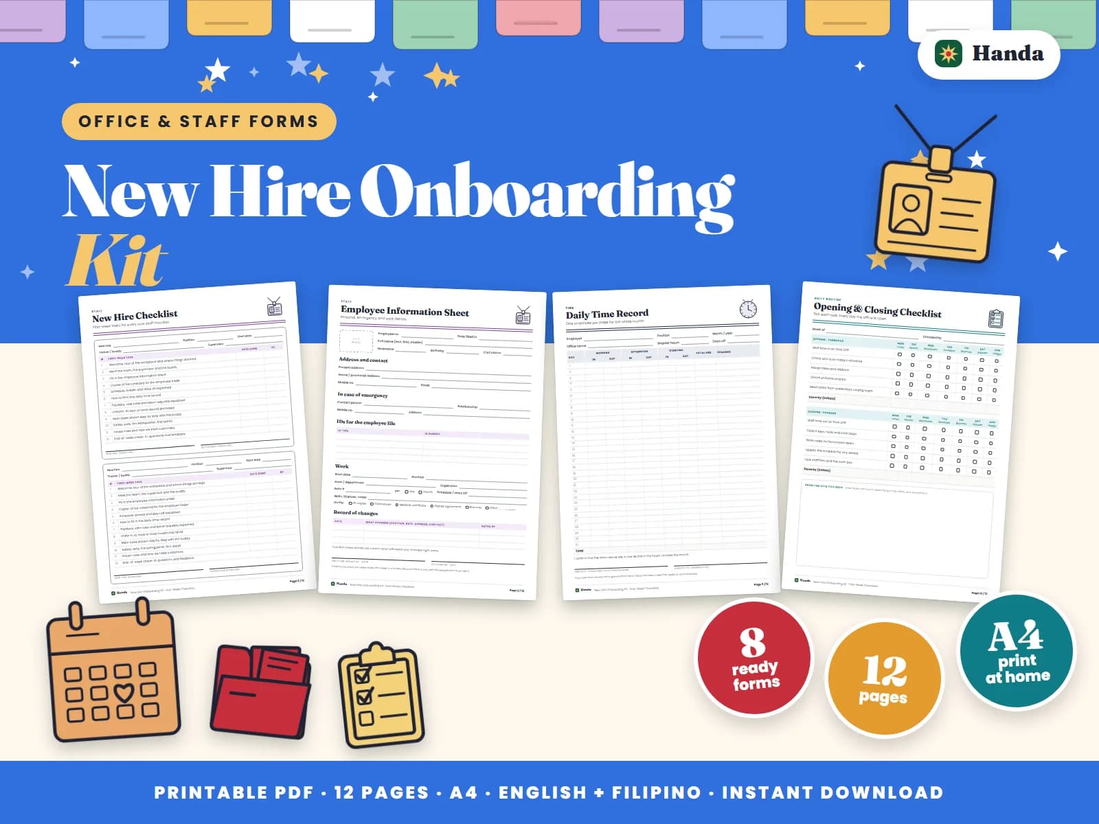 Cover of New Hire Onboarding Kit, a printable office forms pack showing four of its pages