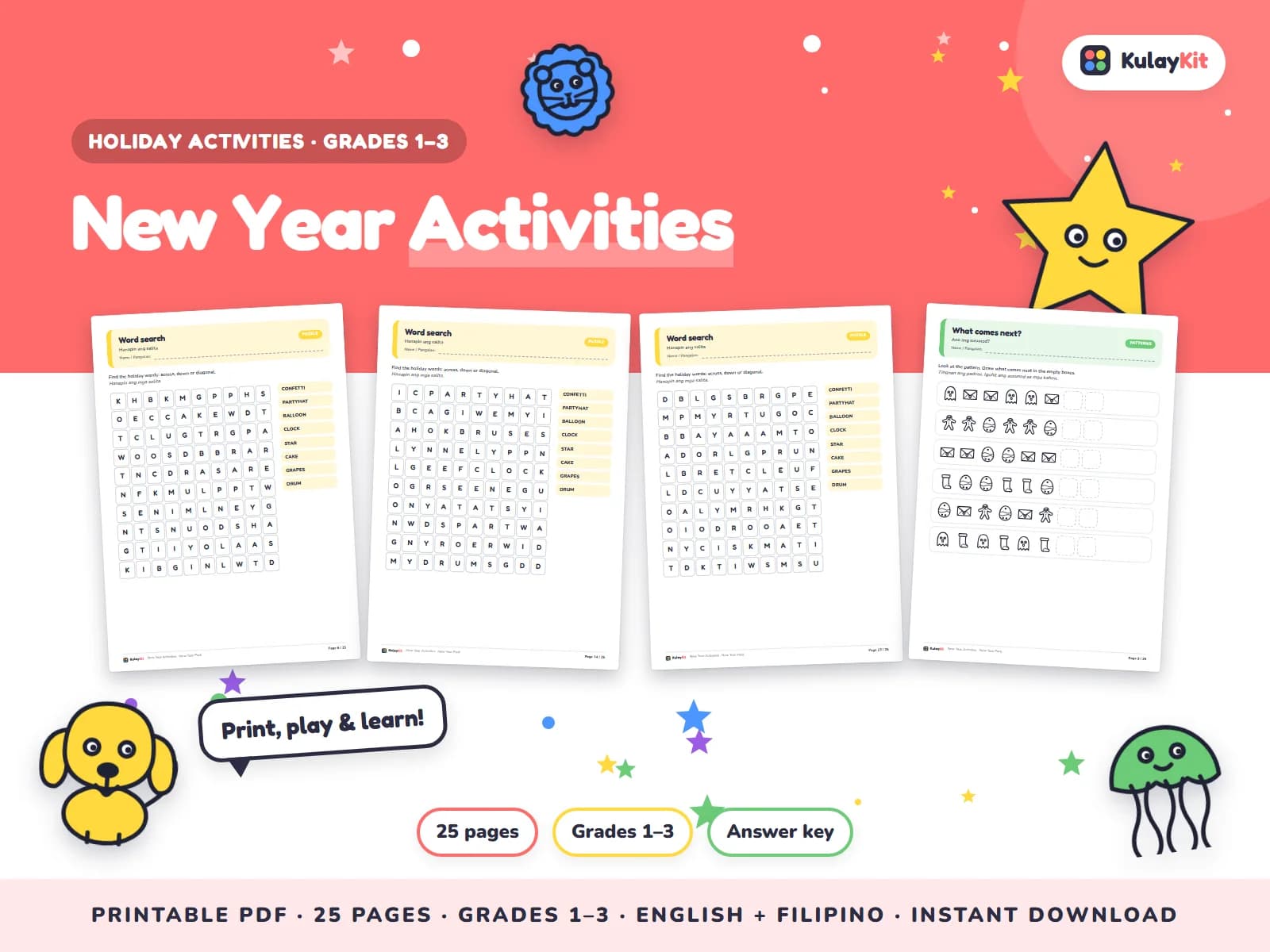 Cover of New Year Activities, a printable pack for kids in Grades 1 to 3, showing four of its pages