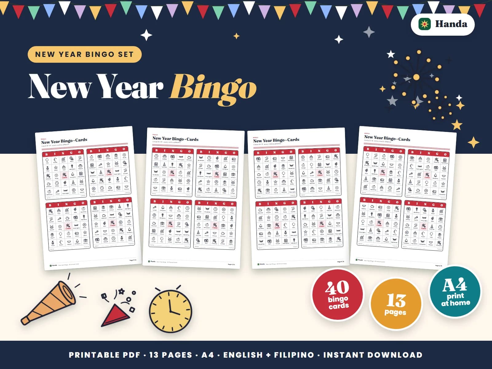 Cover of New Year Bingo, a printable bingo set showing four of its pages