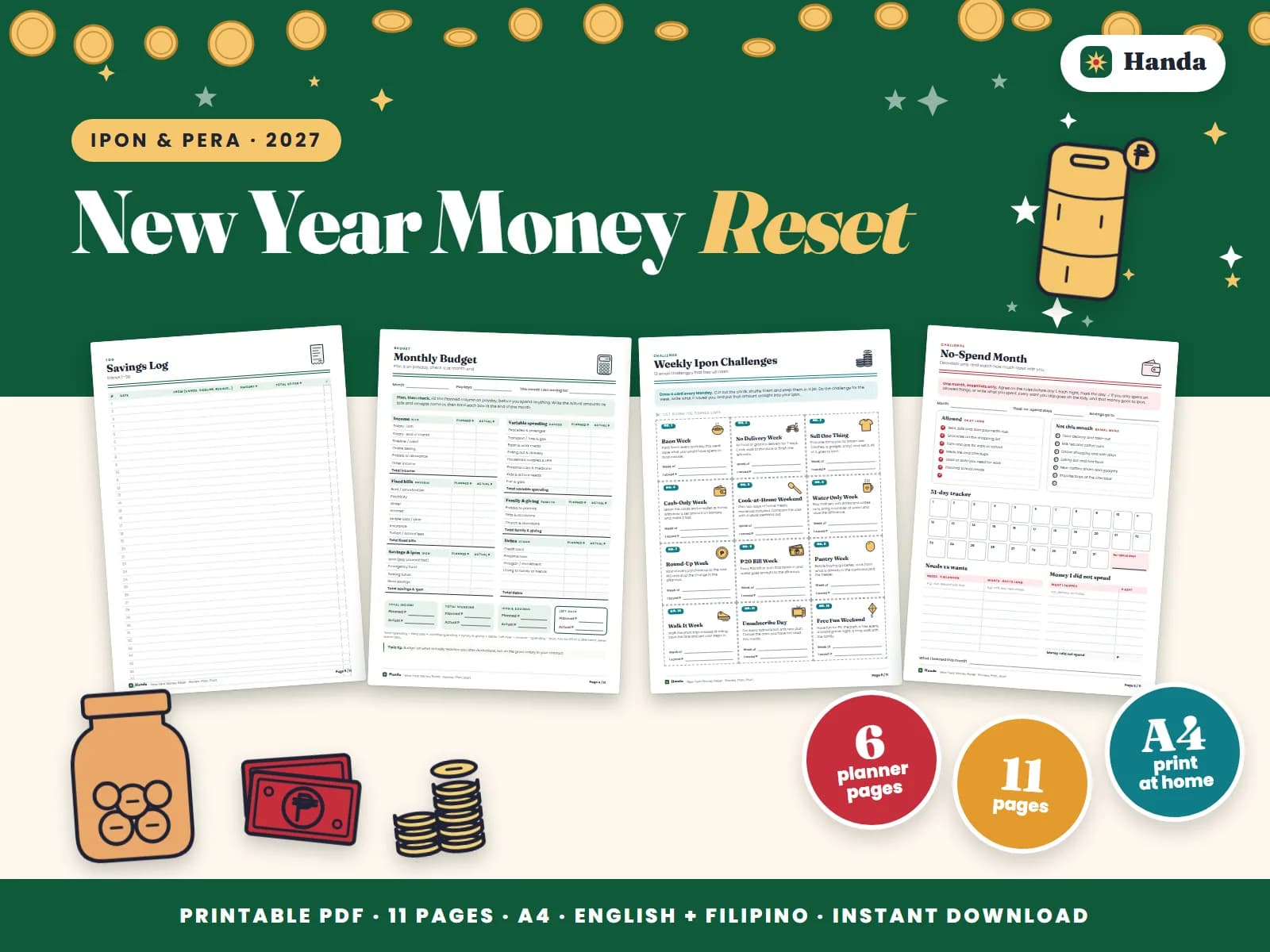 Cover of New Year Money Reset, a printable budget planner showing four of its pages