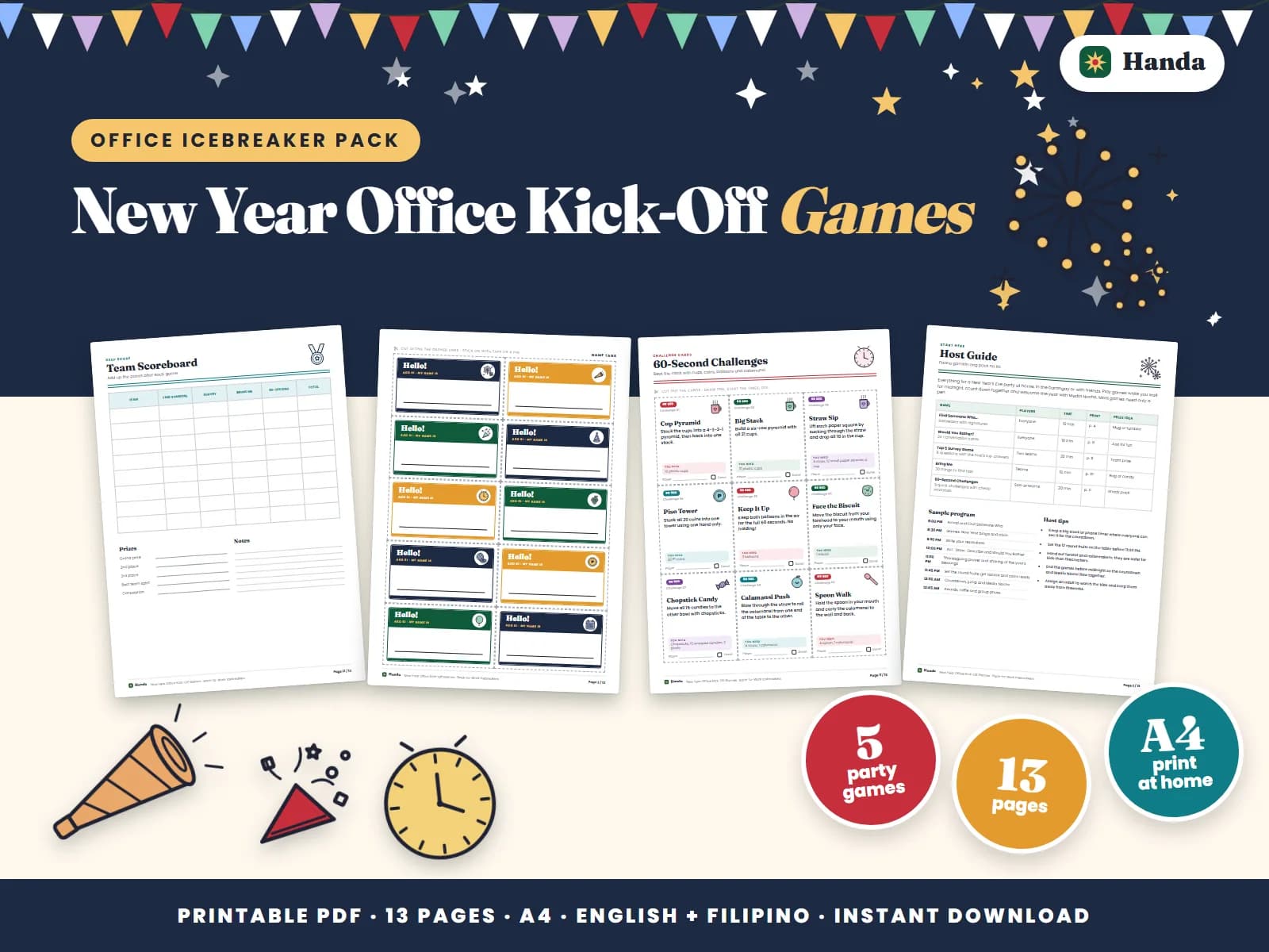 Cover of New Year Office Kick-Off Games, a printable icebreaker pack showing four of its pages