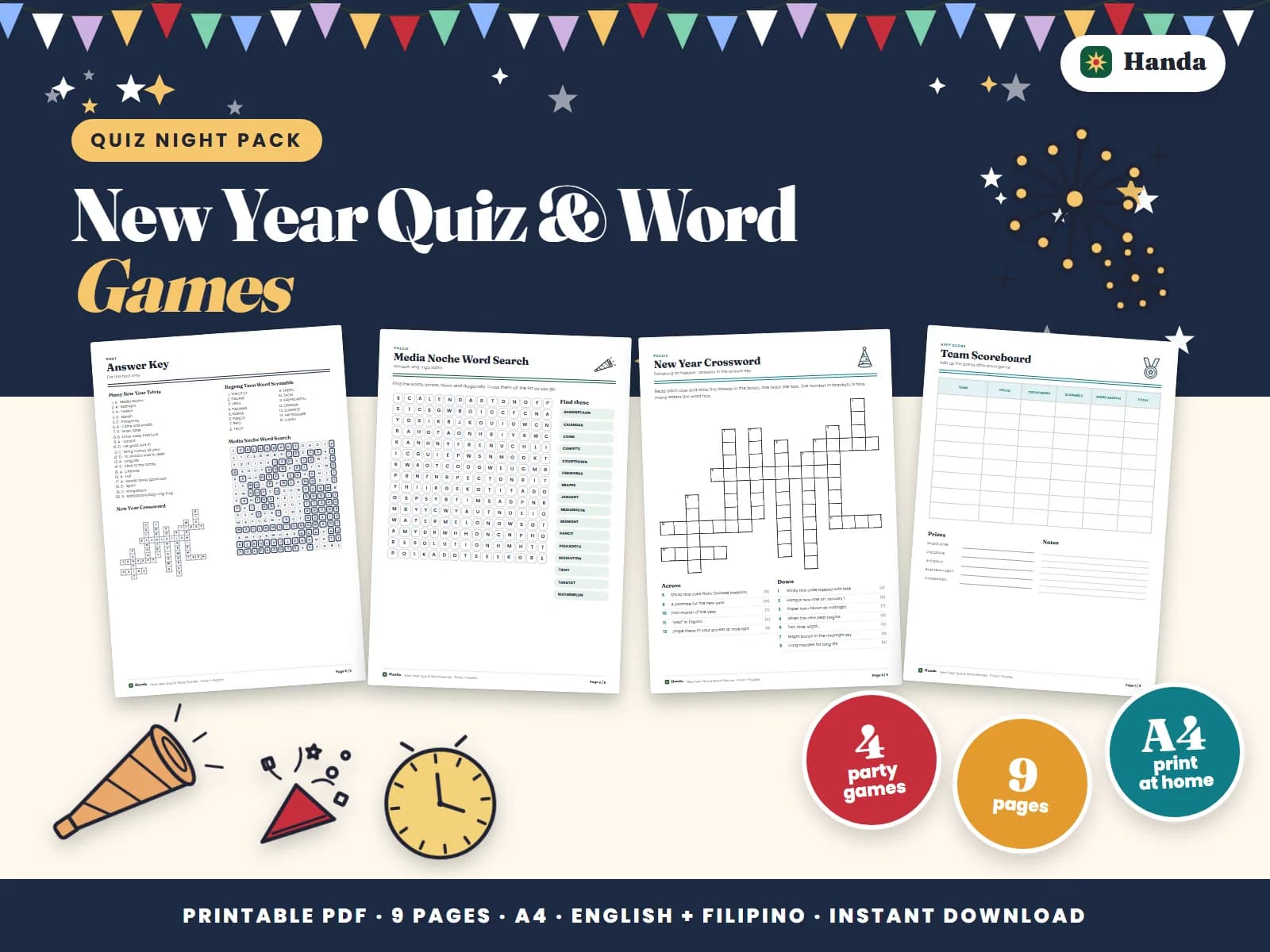 Cover of New Year Quiz & Word Games, a printable quiz and word games pack showing four of its pages