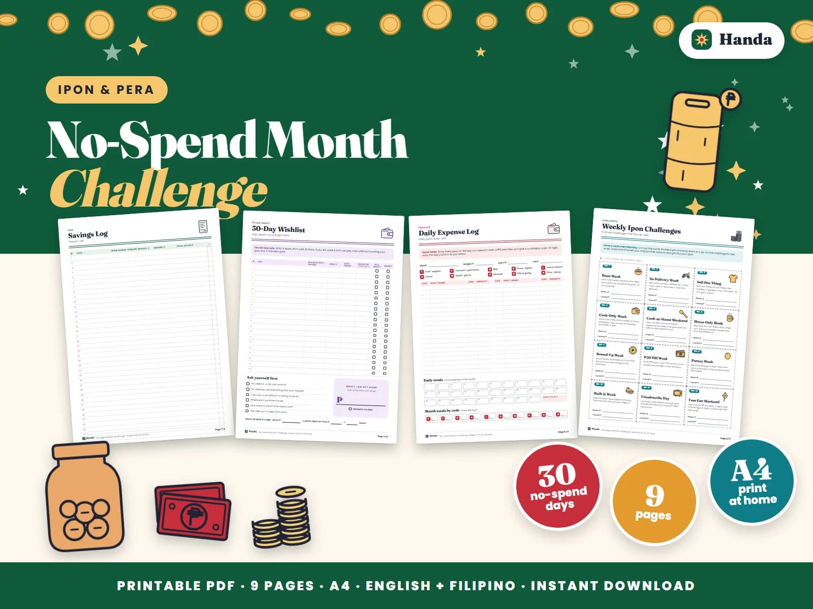 Cover of No-Spend Month Challenge, a printable ipon challenge kit showing four of its pages