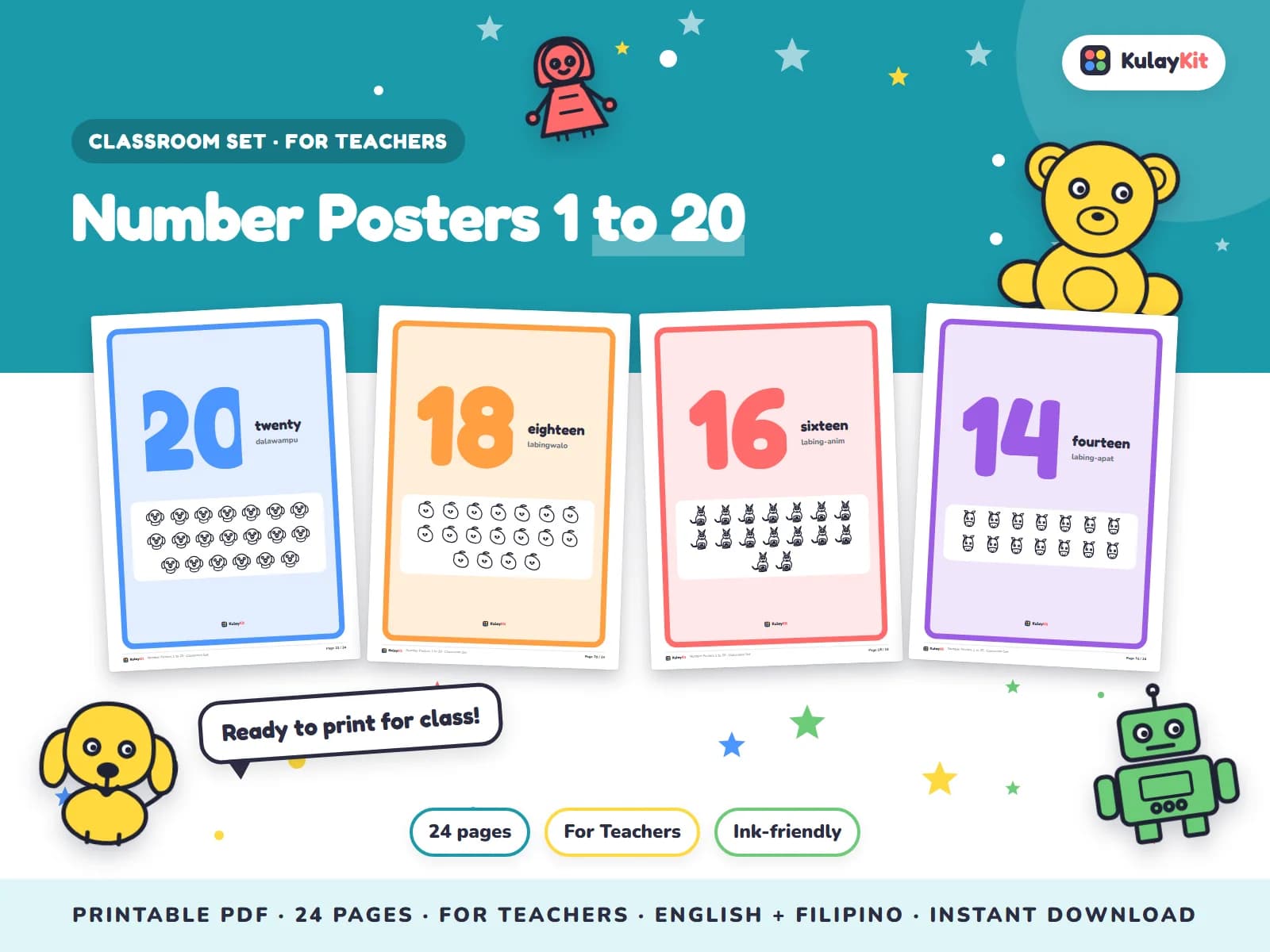 Cover of Number Posters 1 to 20, a printable pack for teachers and parents, showing four of its pages