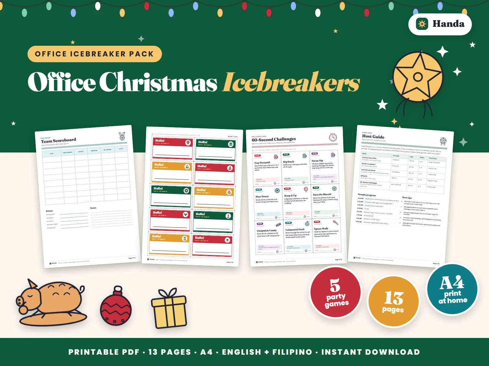 Cover of Office Christmas Icebreakers, a printable icebreaker pack showing four of its pages
