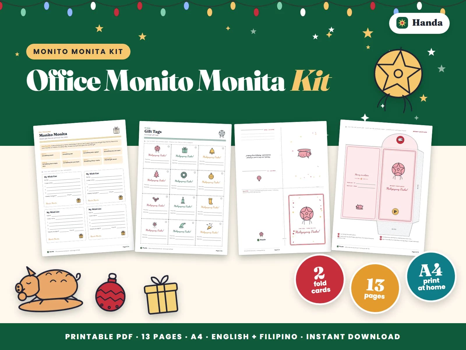 Cover of Office Monito Monita Kit, a printable Monito Monita kit showing four of its pages