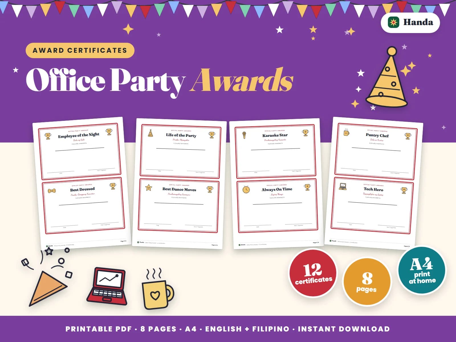 Cover of Office Party Awards, a printable award certificate set showing four of its pages