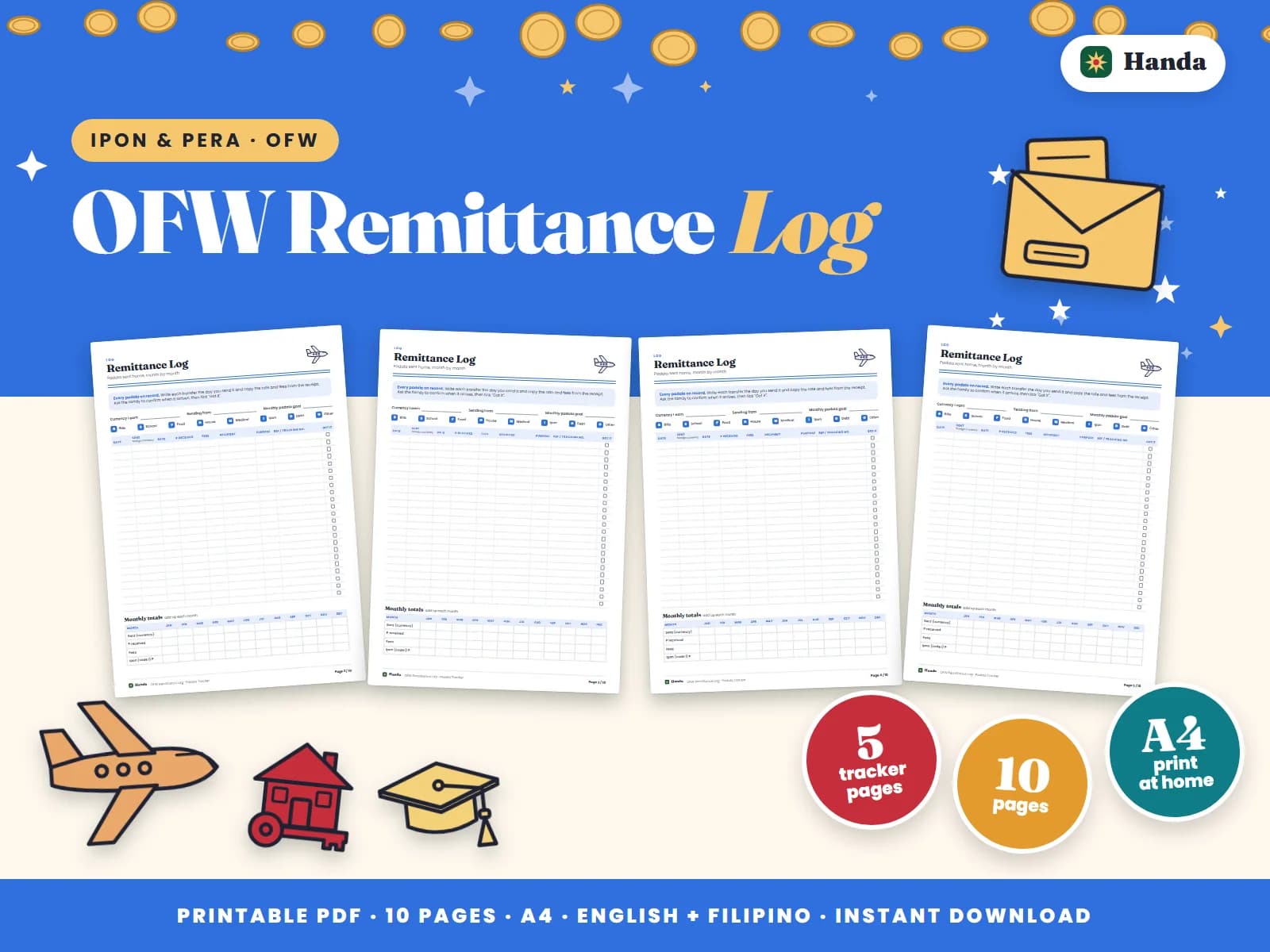 Cover of OFW Remittance Log, a printable money tracker showing four of its pages