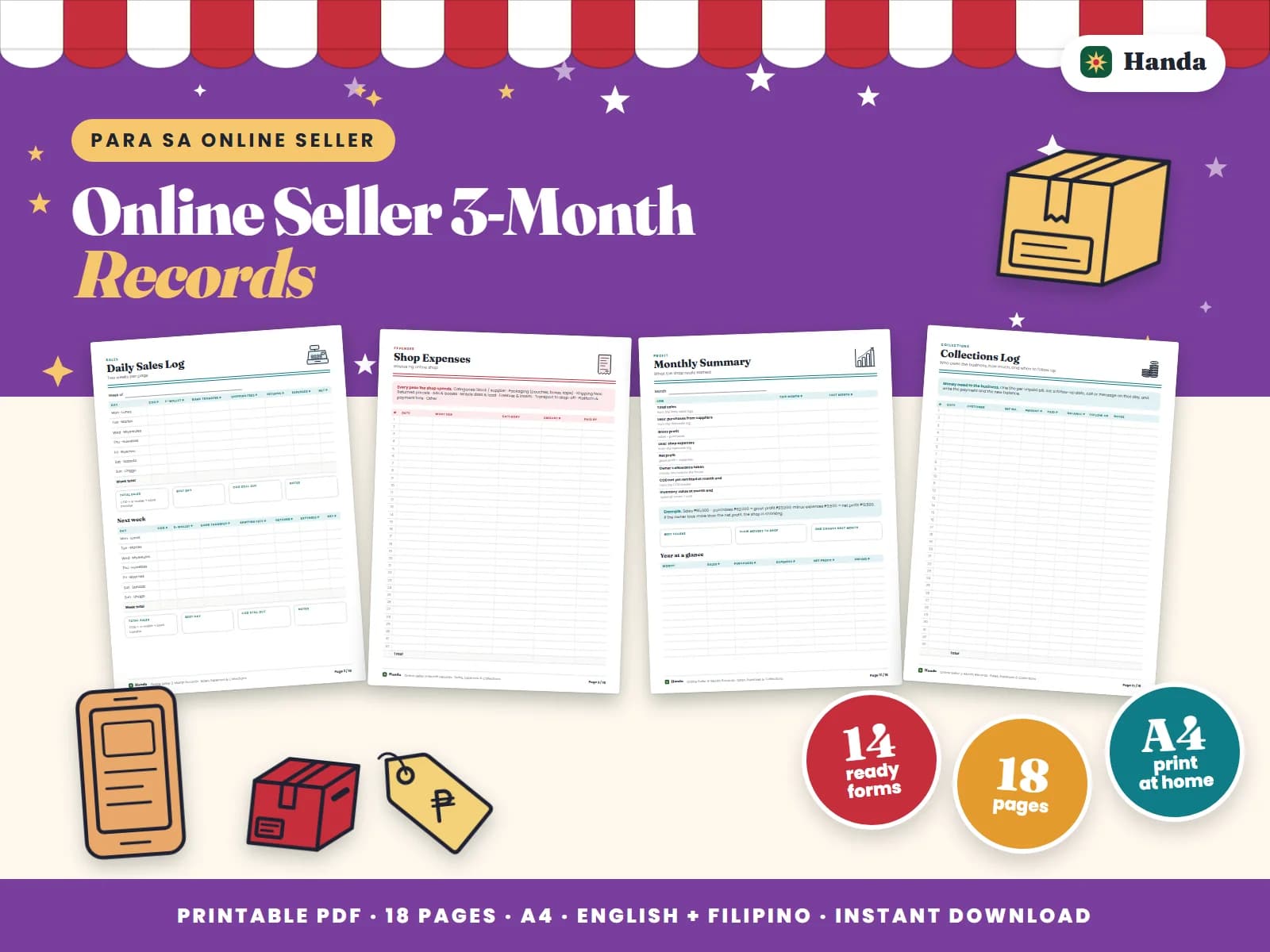Cover of Online Seller 3-Month Records, a printable forms pack showing four of its pages