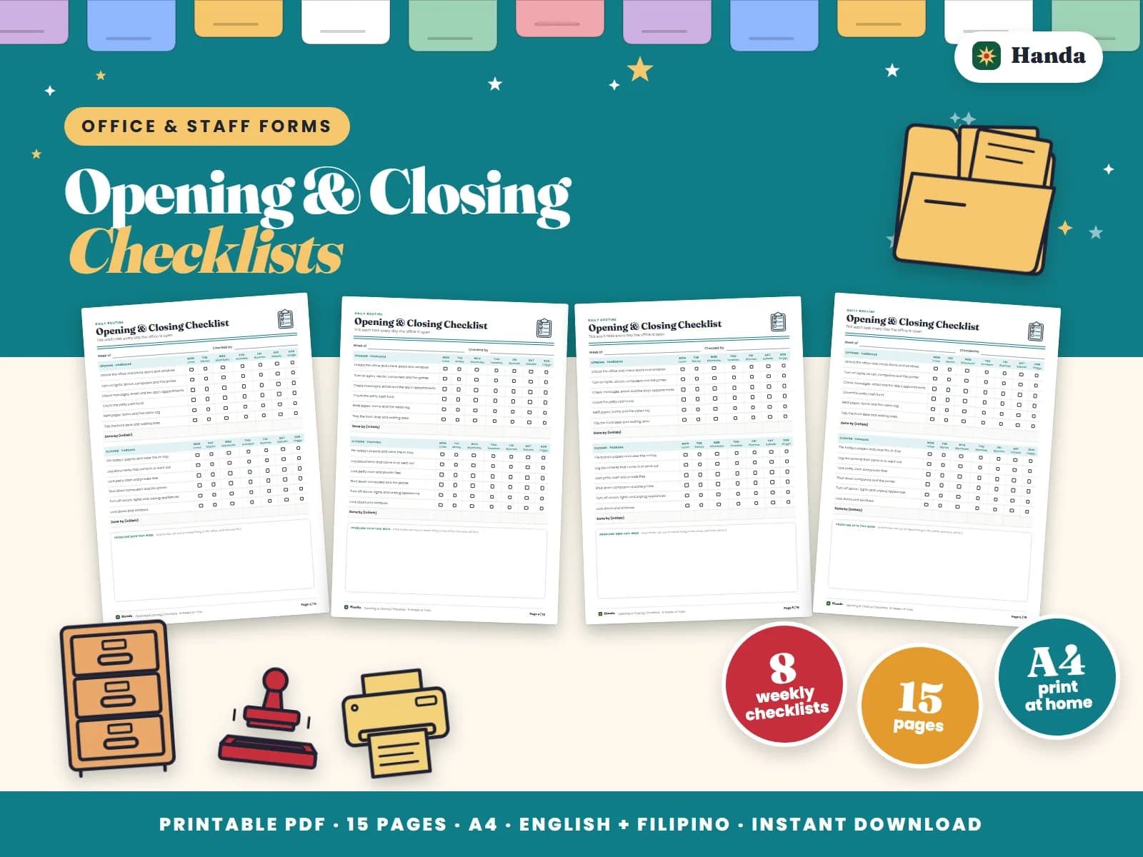 Cover of Opening & Closing Checklists, a printable forms pack showing four of its pages