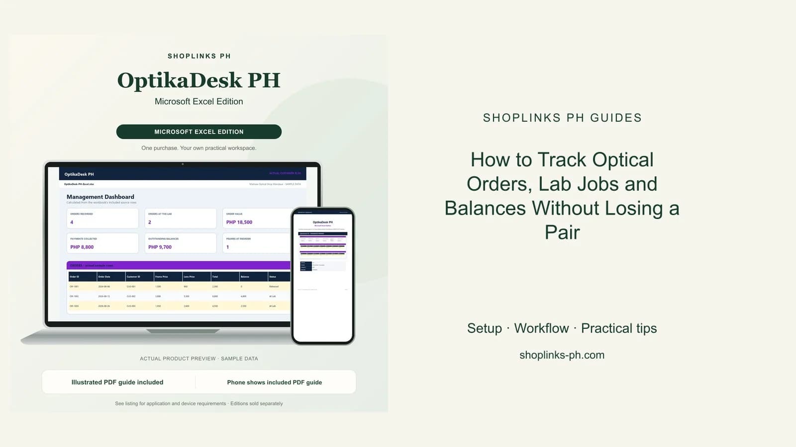 OptikaDesk PH Microsoft Excel Edition dashboard using fictional sample data
