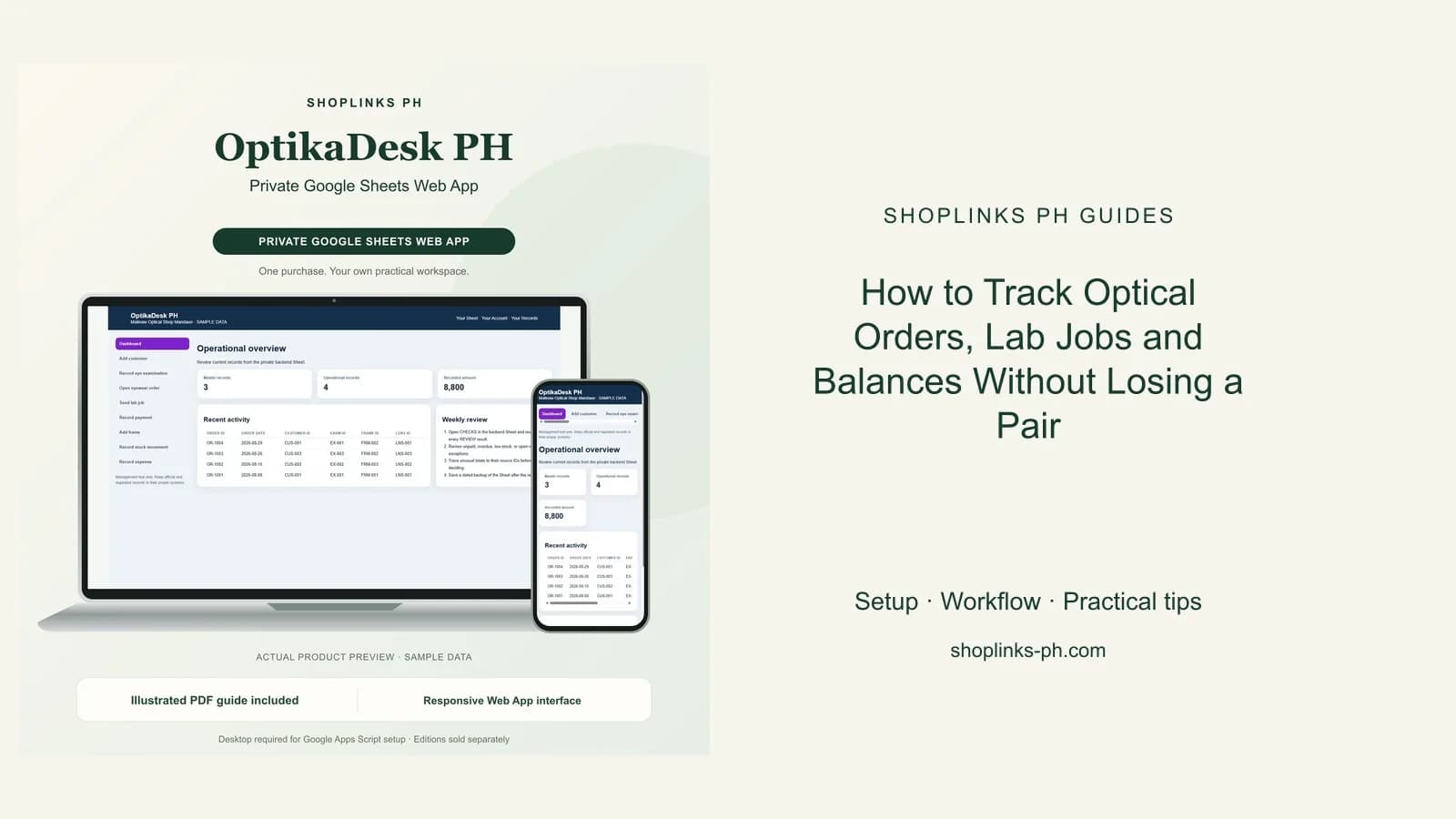 OptikaDesk PH Private Google Sheets Web App dashboard using fictional sample data