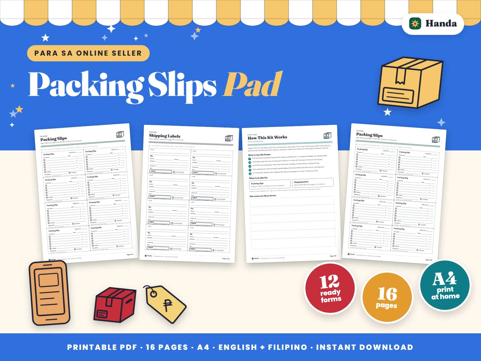 Cover of Packing Slips Pad, a printable forms pack showing four of its pages