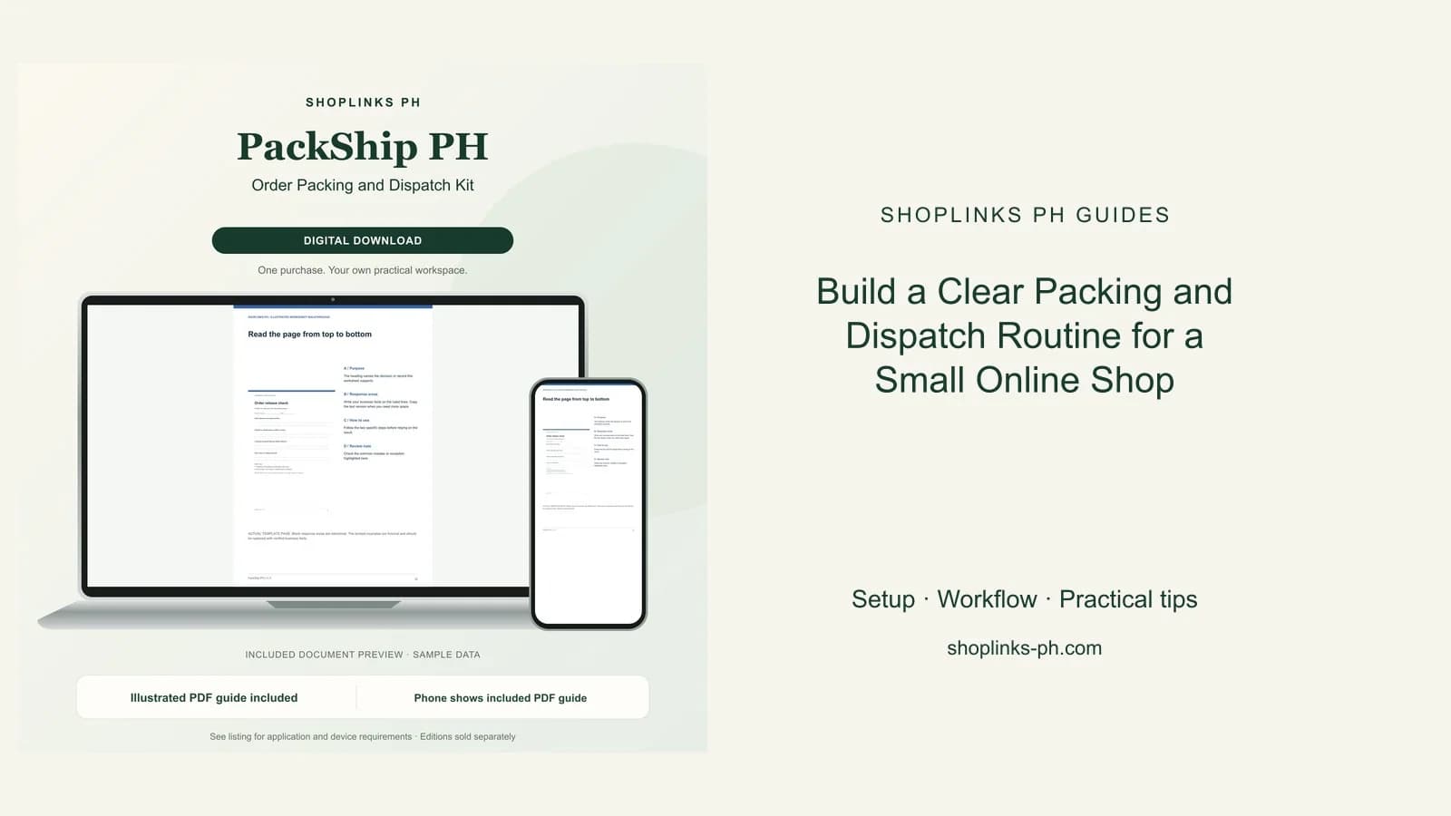Build a Clear Packing and Dispatch Routine for a Small Online Shop: matching product and illustrated guide previews on laptop and phone.
