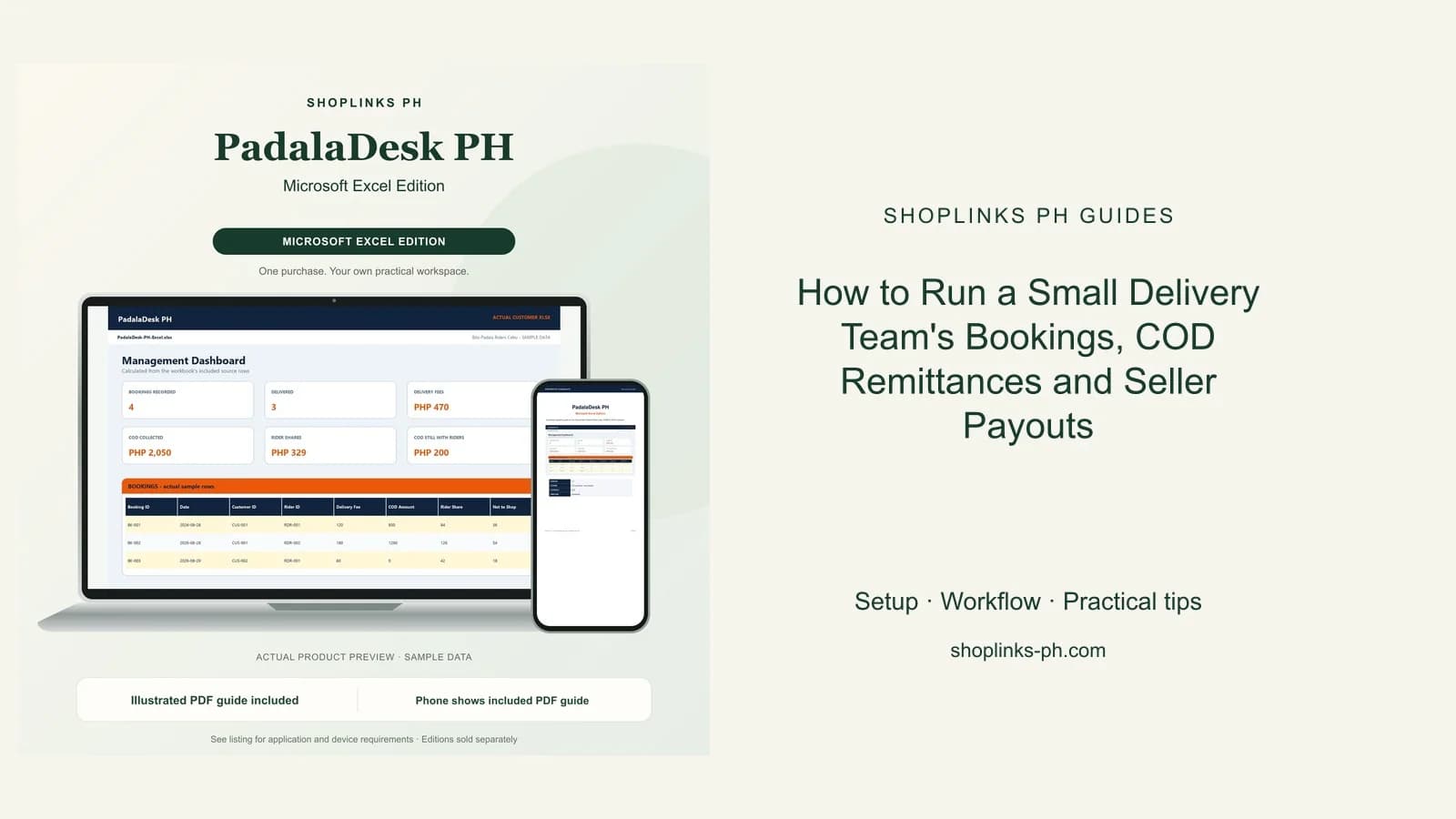 PadalaDesk PH Microsoft Excel Edition dashboard using fictional sample data