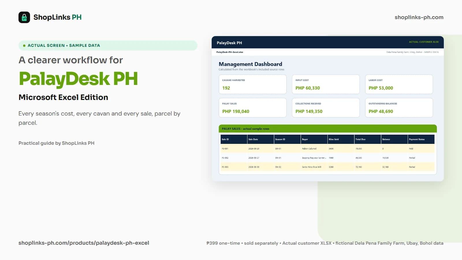 PalayDesk PH Microsoft Excel Edition dashboard using fictional sample data