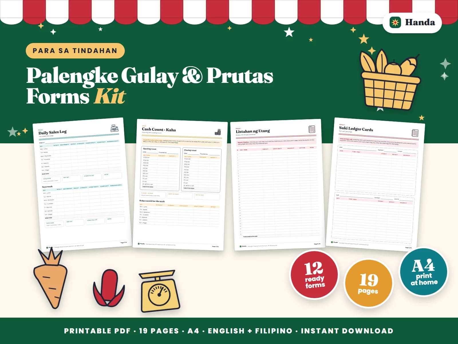 Cover of Palengke Gulay & Prutas Forms Kit, a printable store forms kit showing four of its pages