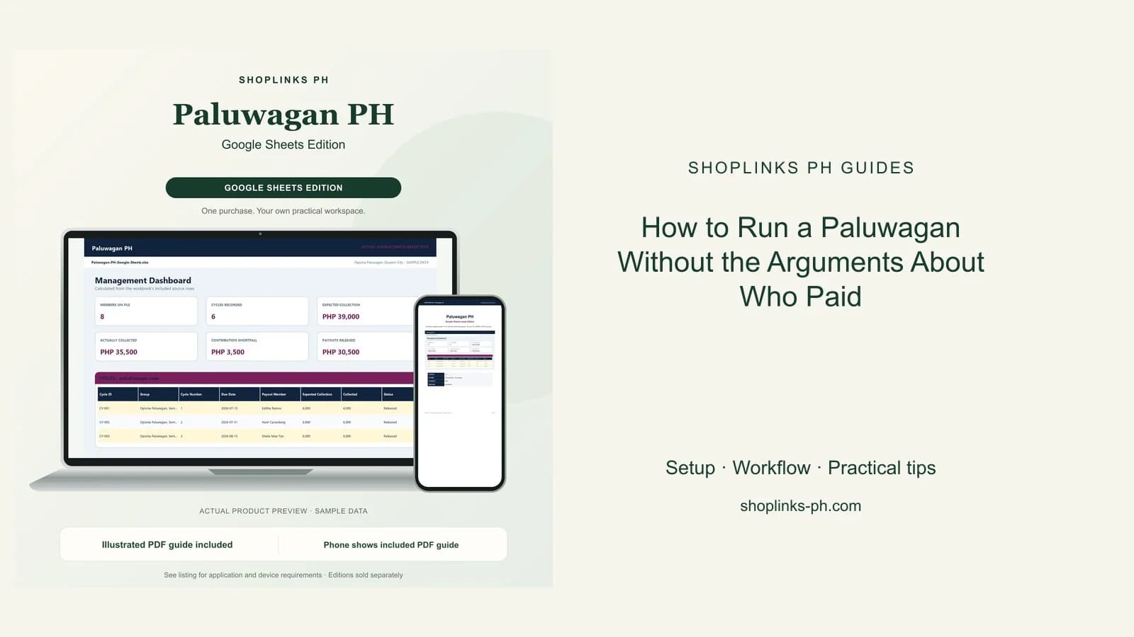 Paluwagan PH Google Sheets Edition dashboard using fictional sample data