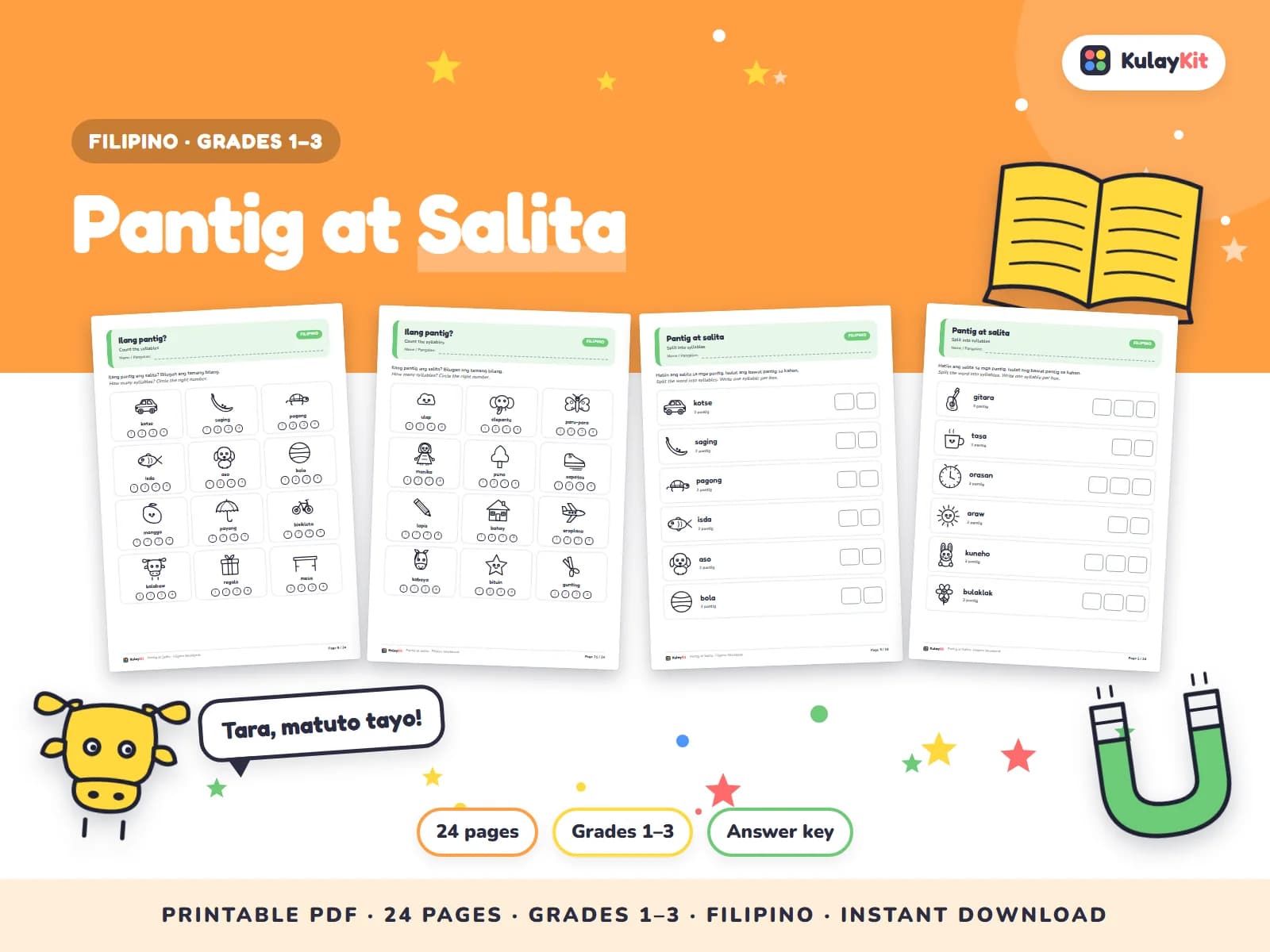 Cover of Pantig at Salita, a printable pack for kids in Grades 1 to 3, showing four of its pages