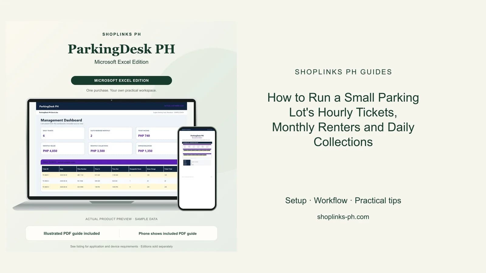 ParkingDesk PH Microsoft Excel Edition dashboard using fictional sample data