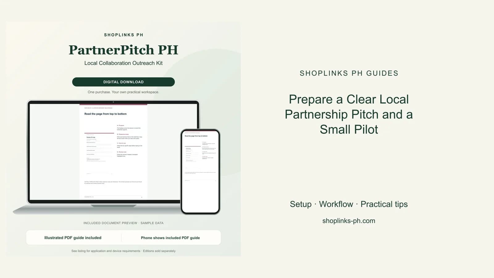 Prepare a Clear Local Partnership Pitch and a Small Pilot: matching product and illustrated guide previews on laptop and phone.