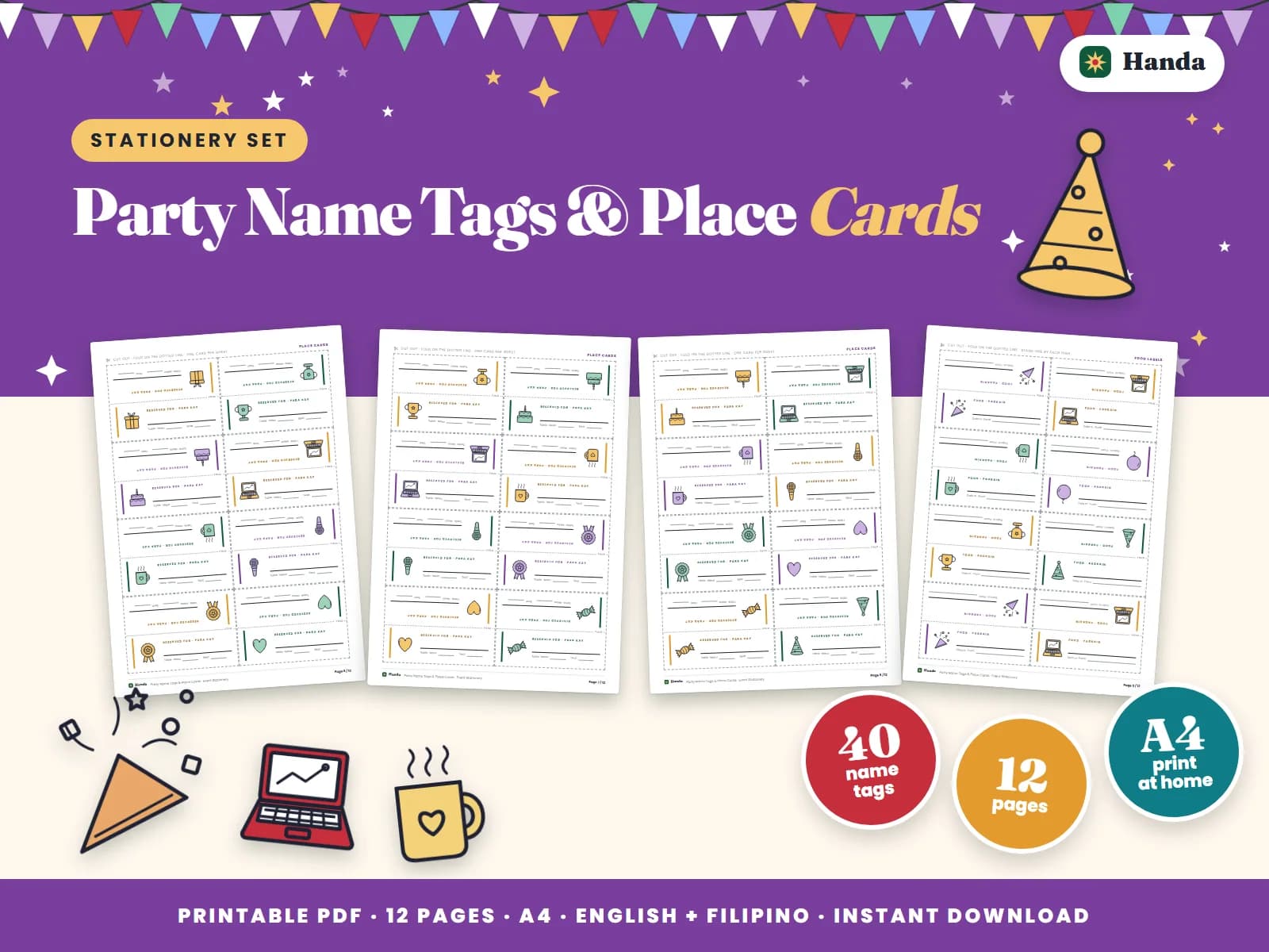 Cover of Party Name Tags & Place Cards, a printable party stationery set showing four of its pages