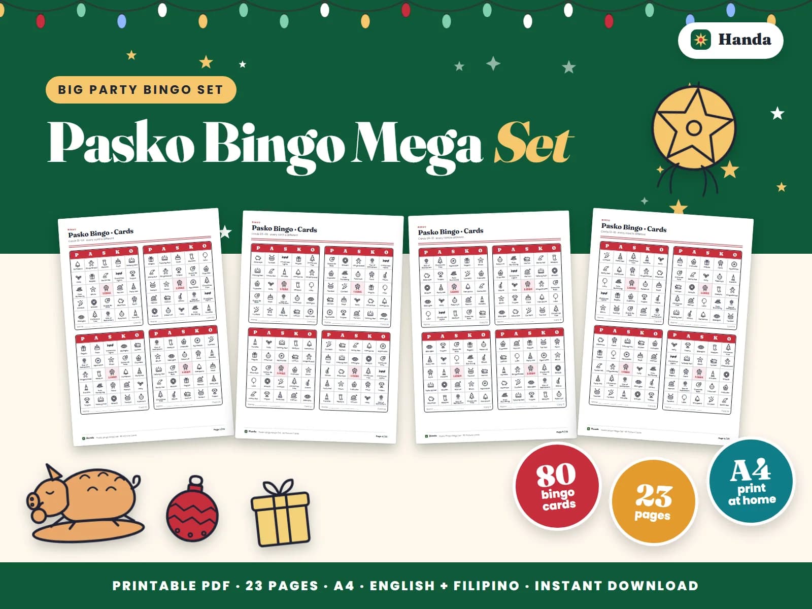 Cover of Pasko Bingo Mega Set, a printable bingo set showing four of its pages