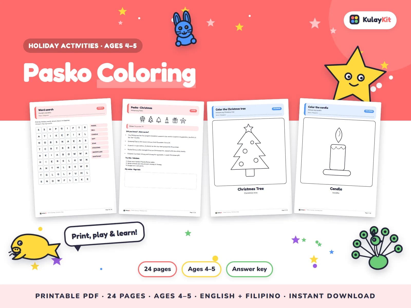 Cover of Pasko Coloring, a printable pack for preschoolers ages 4 to 5, showing four of its pages
