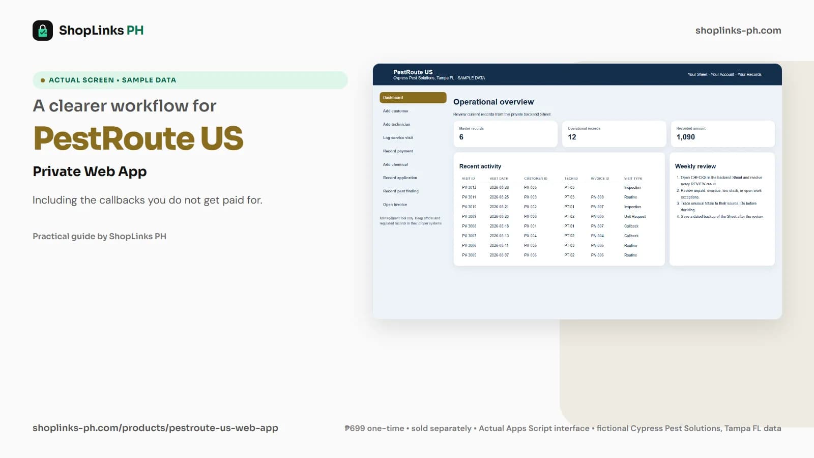 PestRoute US Private Google Sheets Web App dashboard using fictional sample data