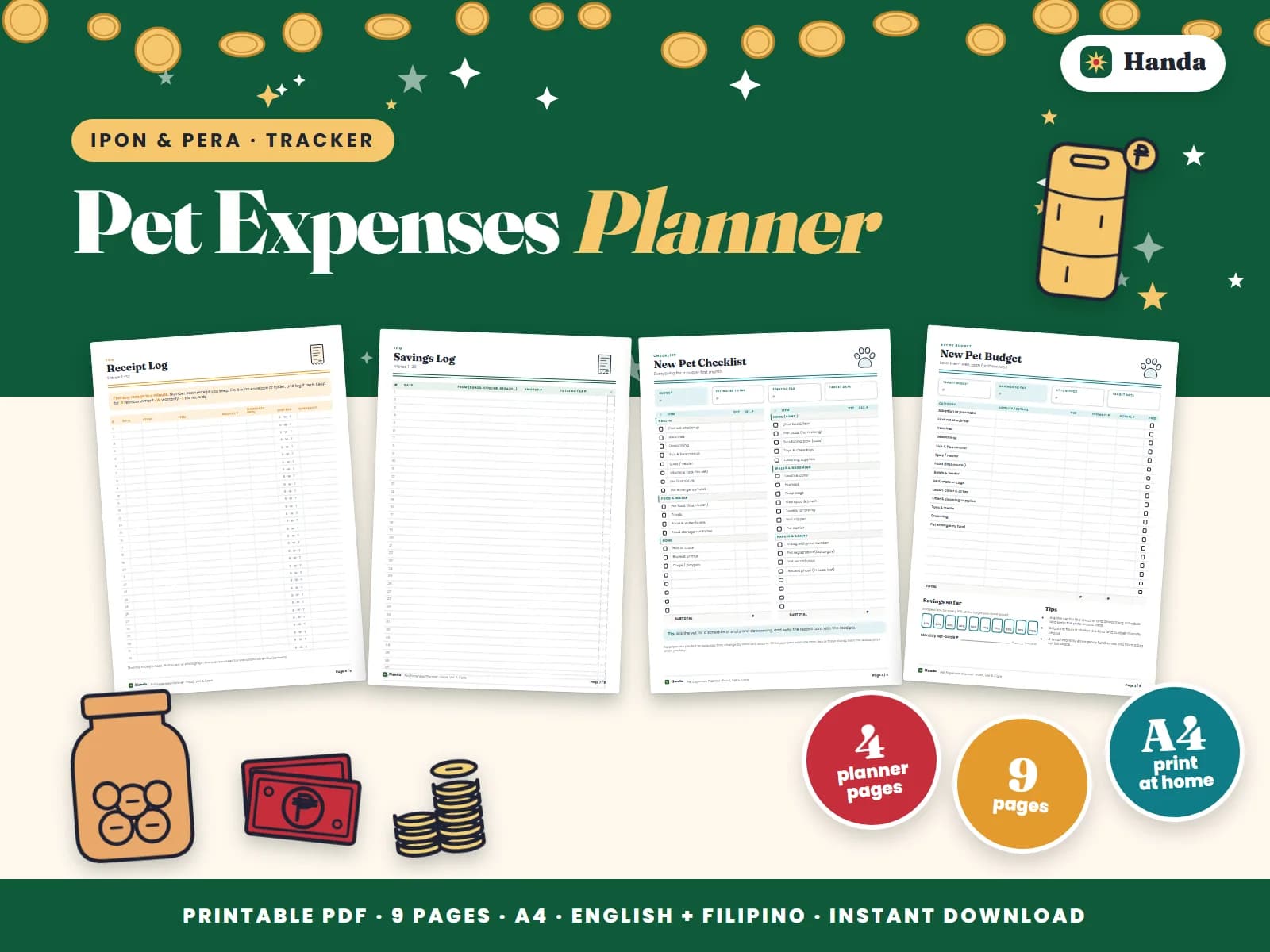 Cover of Pet Expenses Planner, a printable budget planner showing four of its pages